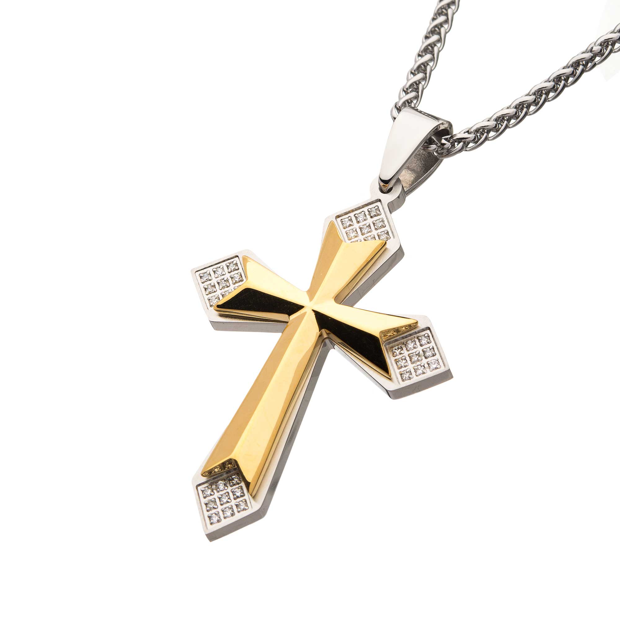 Gold Plated Cross with 36pcs CNC Prong Set Clear CZ Pendant with Steel Wheat Chain Image 2 Enchanted Jewelry Plainfield, CT