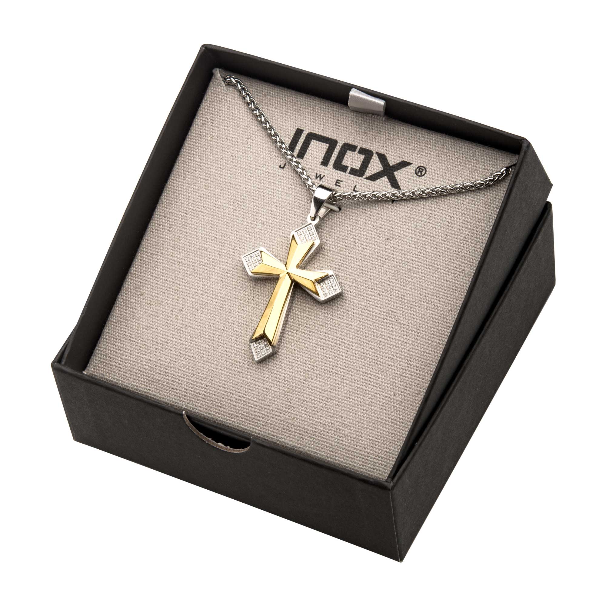 Gold Plated Cross with 36pcs CNC Prong Set Clear CZ Pendant with Steel Wheat Chain Image 3 Enchanted Jewelry Plainfield, CT