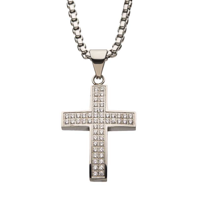 Stainless Steel with 52piece CNC Prong Set Clear CZ Cross Pendant with Chain Ken Walker Jewelers Gig Harbor, WA