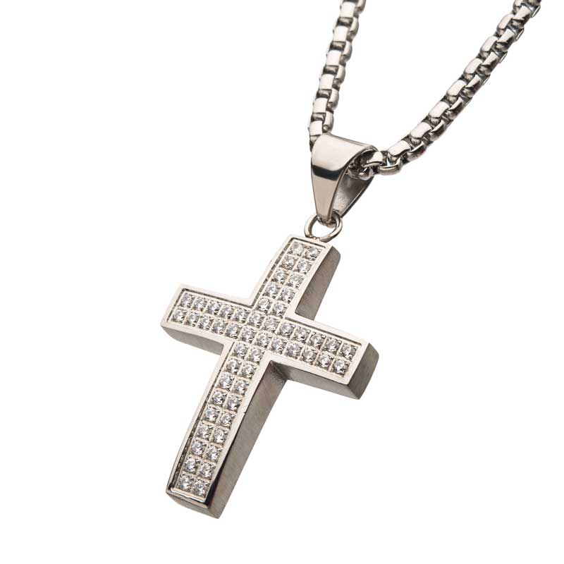 Stainless Steel with 52piece CNC Prong Set Clear CZ Cross Pendant with Chain Image 2 Ken Walker Jewelers Gig Harbor, WA