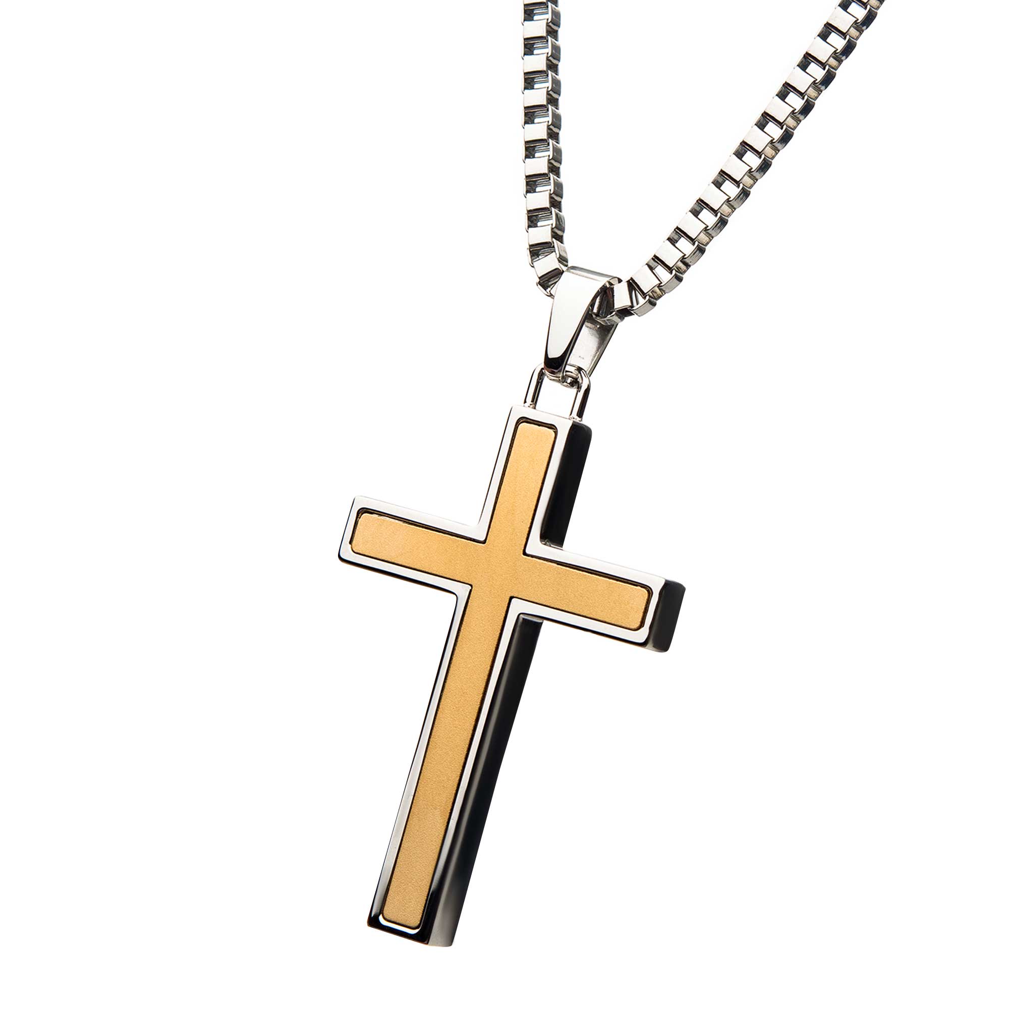 Stainless Steel Two Tone Cross Pendant with Chain Image 2 Midtown Diamonds Reno, NV