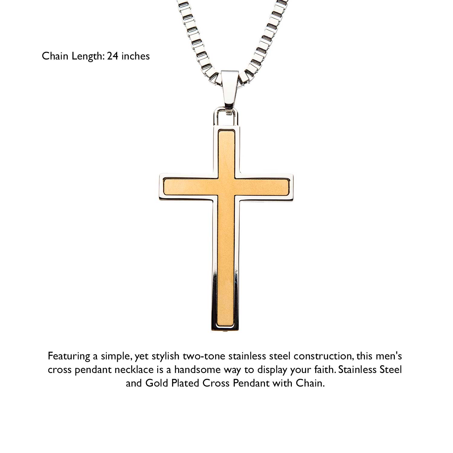 Stainless Steel Two Tone Cross Pendant with Chain Image 4 Midtown Diamonds Reno, NV