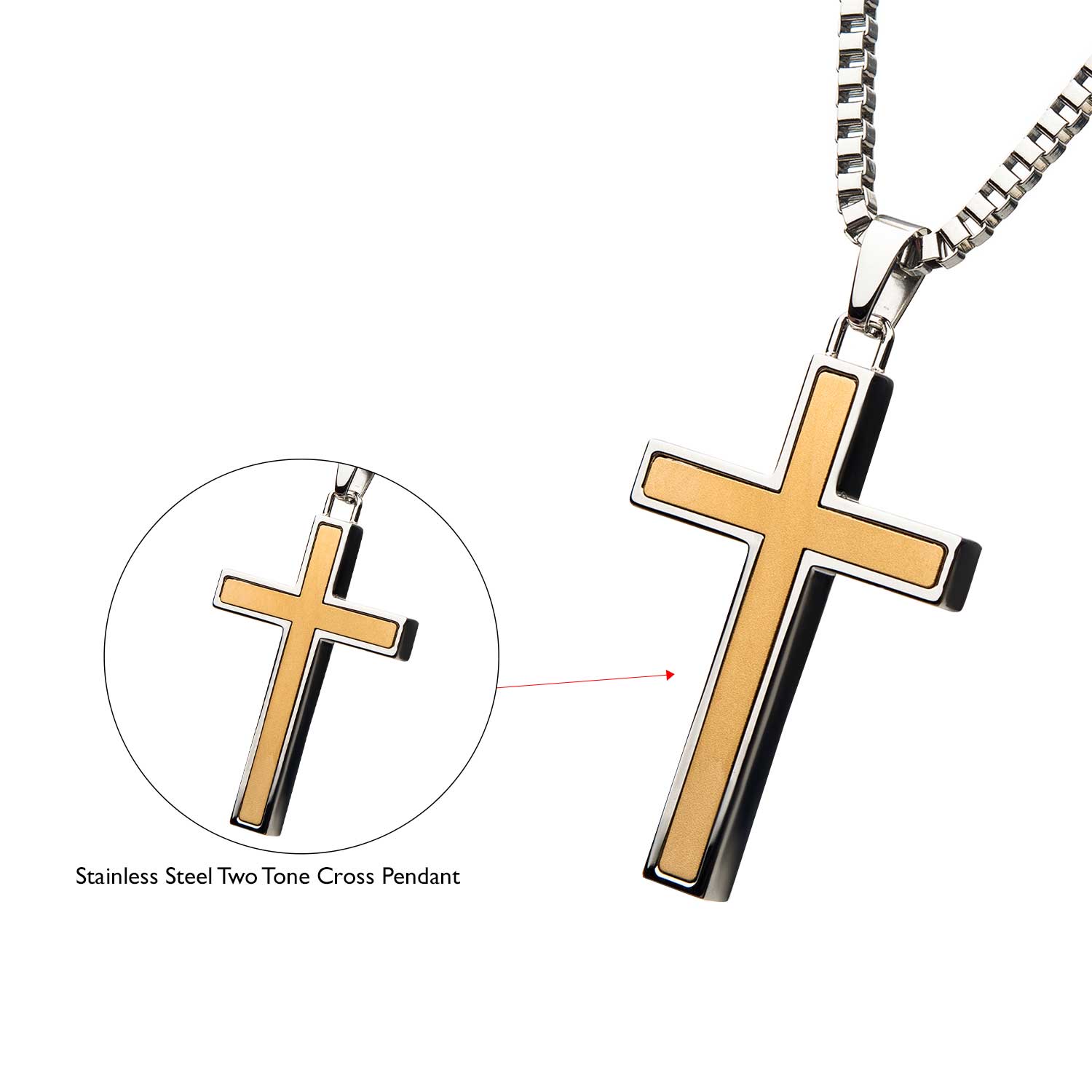 Stainless Steel Two Tone Cross Pendant with Chain Image 5 Ritzi Jewelers Brookville, IN