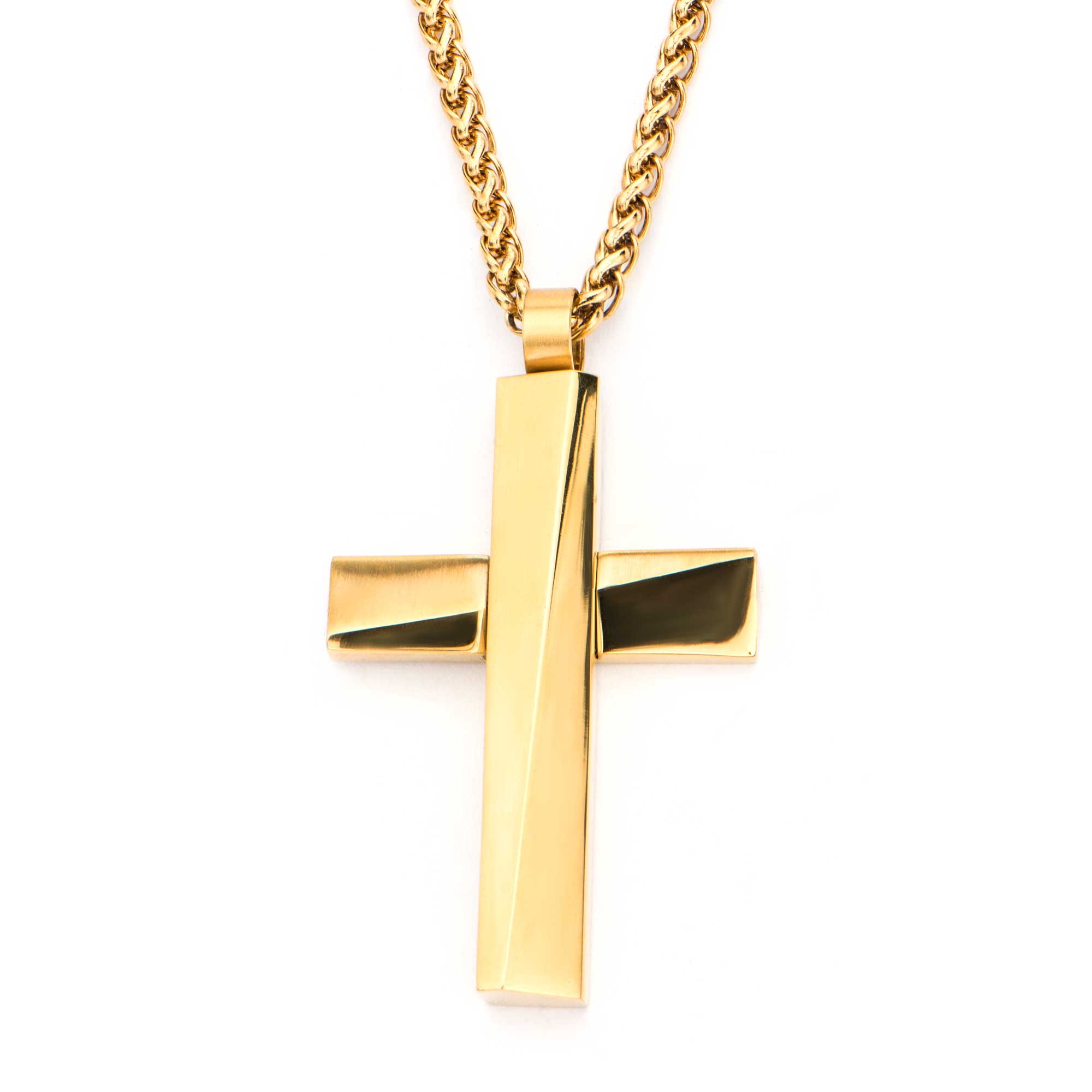 Gold Plated Cross Pendant with Gold Plated Round Wheat Chain Milano Jewelers Pembroke Pines, FL