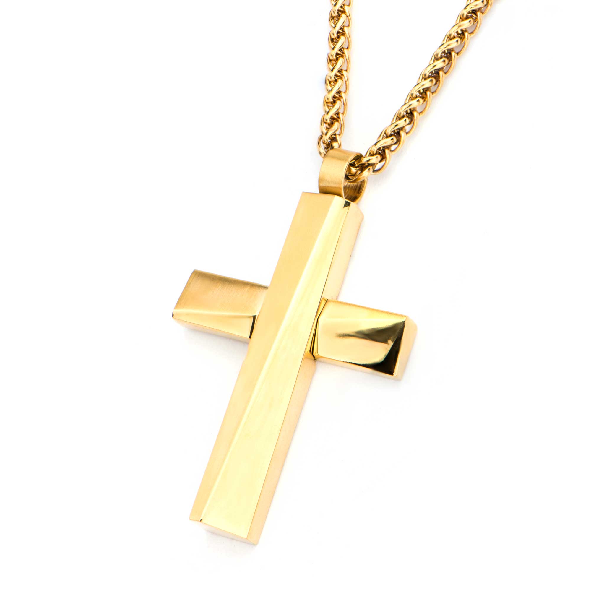 Gold Plated Cross Pendant with Gold Plated Round Wheat Chain Image 2 Thurber's Fine Jewelry Wadsworth, OH