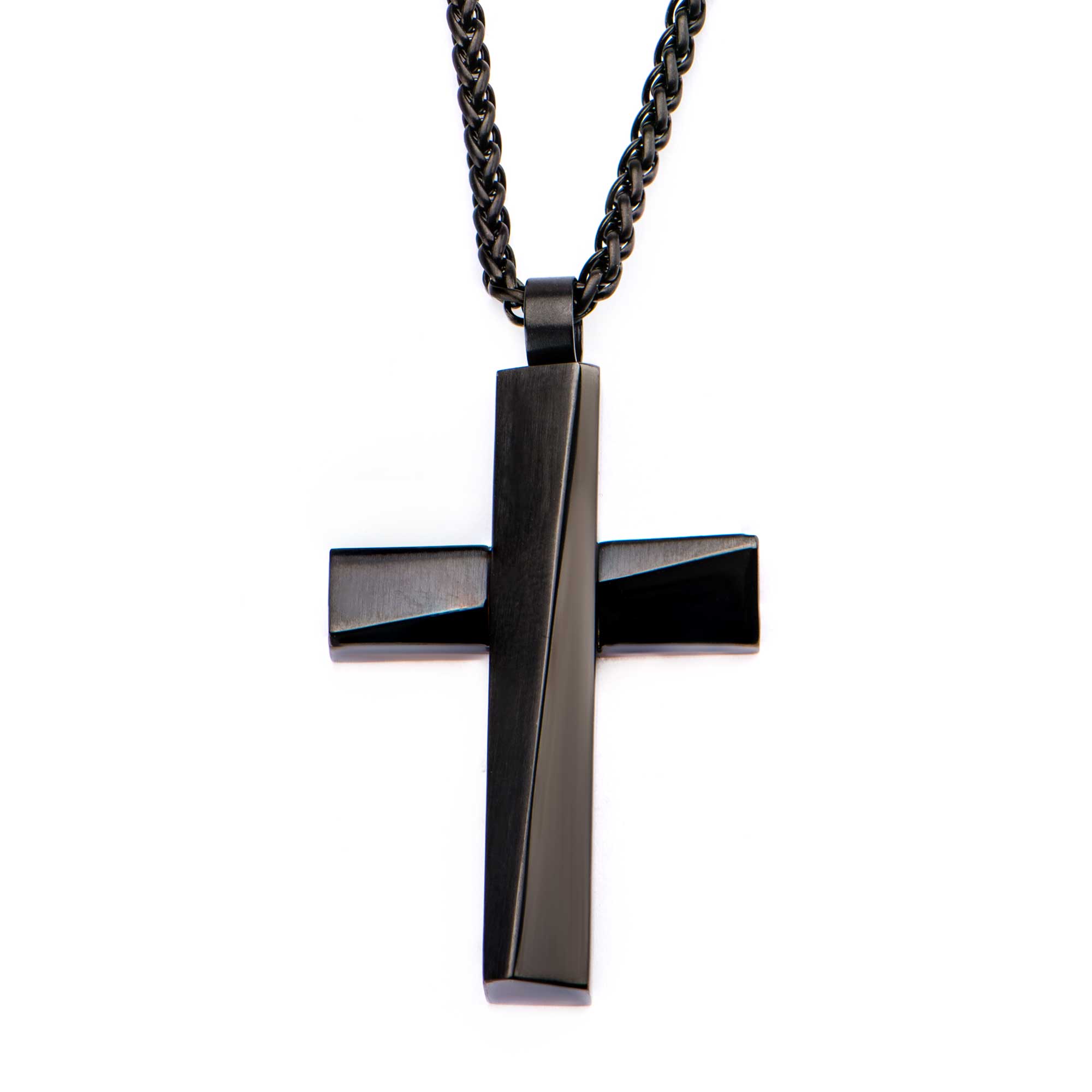 Black Plated Cross Pendant with Matte Black Round Wheat Chain Enchanted Jewelry Plainfield, CT