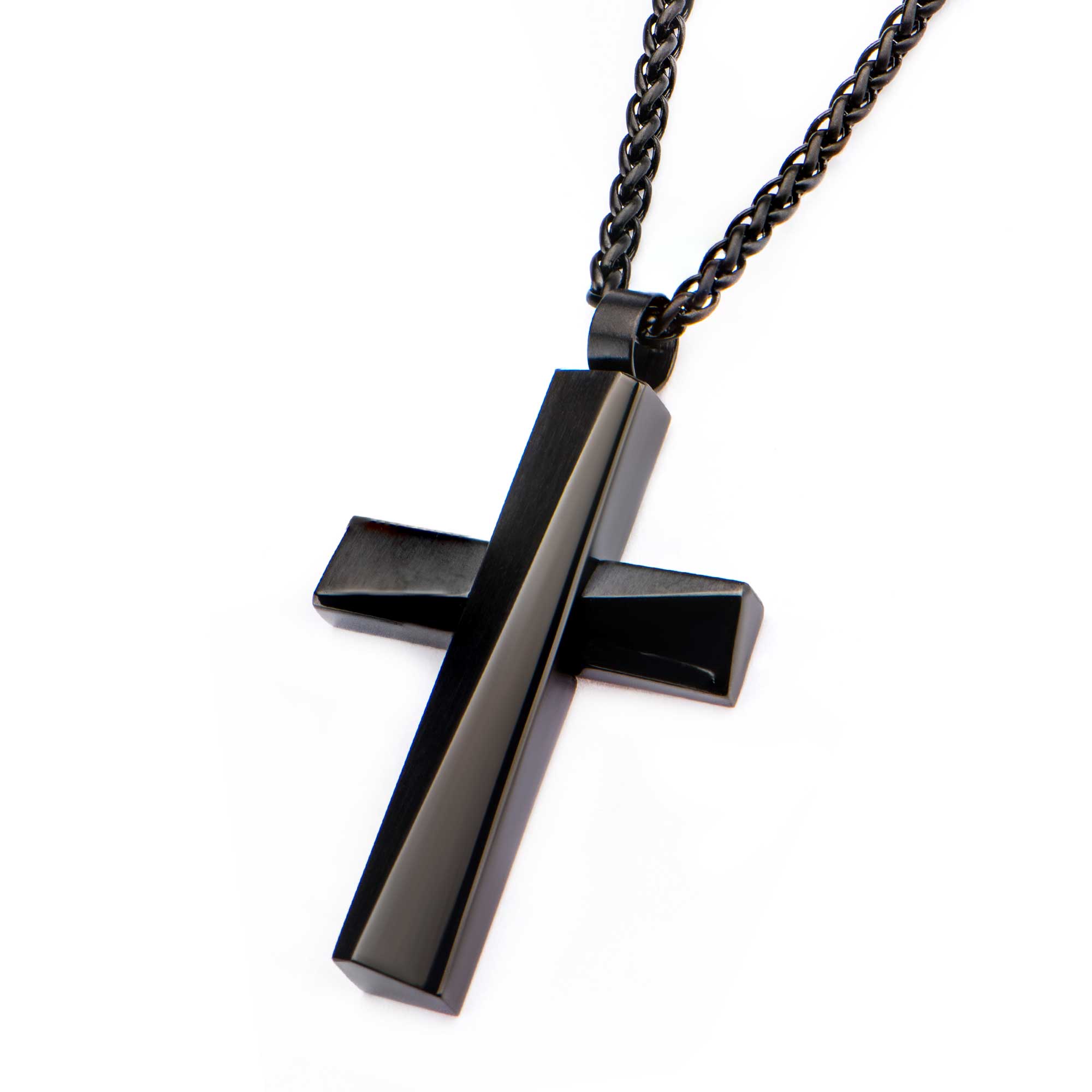 Black Plated Cross Pendant with Matte Black Round Wheat Chain Image 2 Milano Jewelers Pembroke Pines, FL