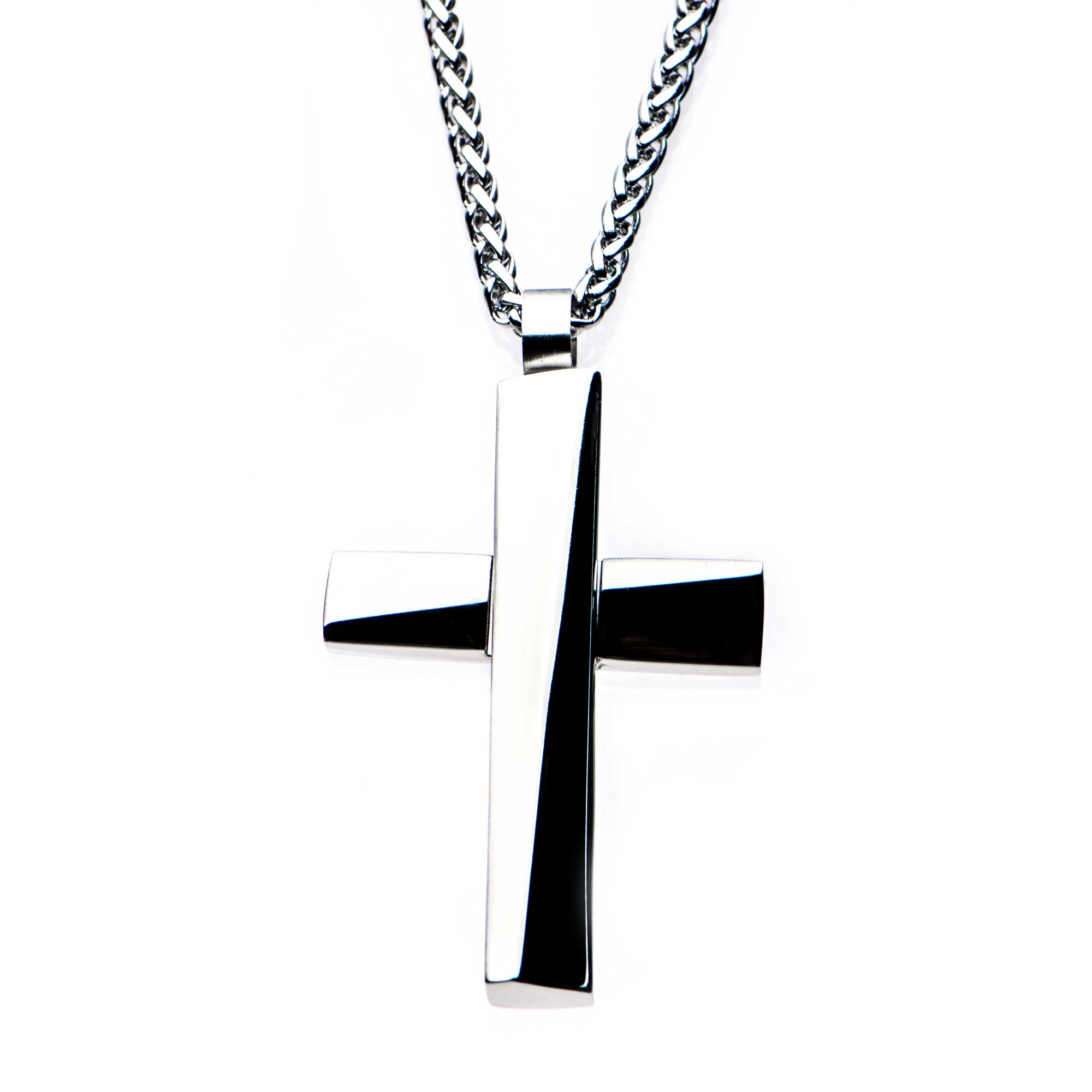 Steel Cross Pendant with Steel Round Wheat Chain Enchanted Jewelry Plainfield, CT