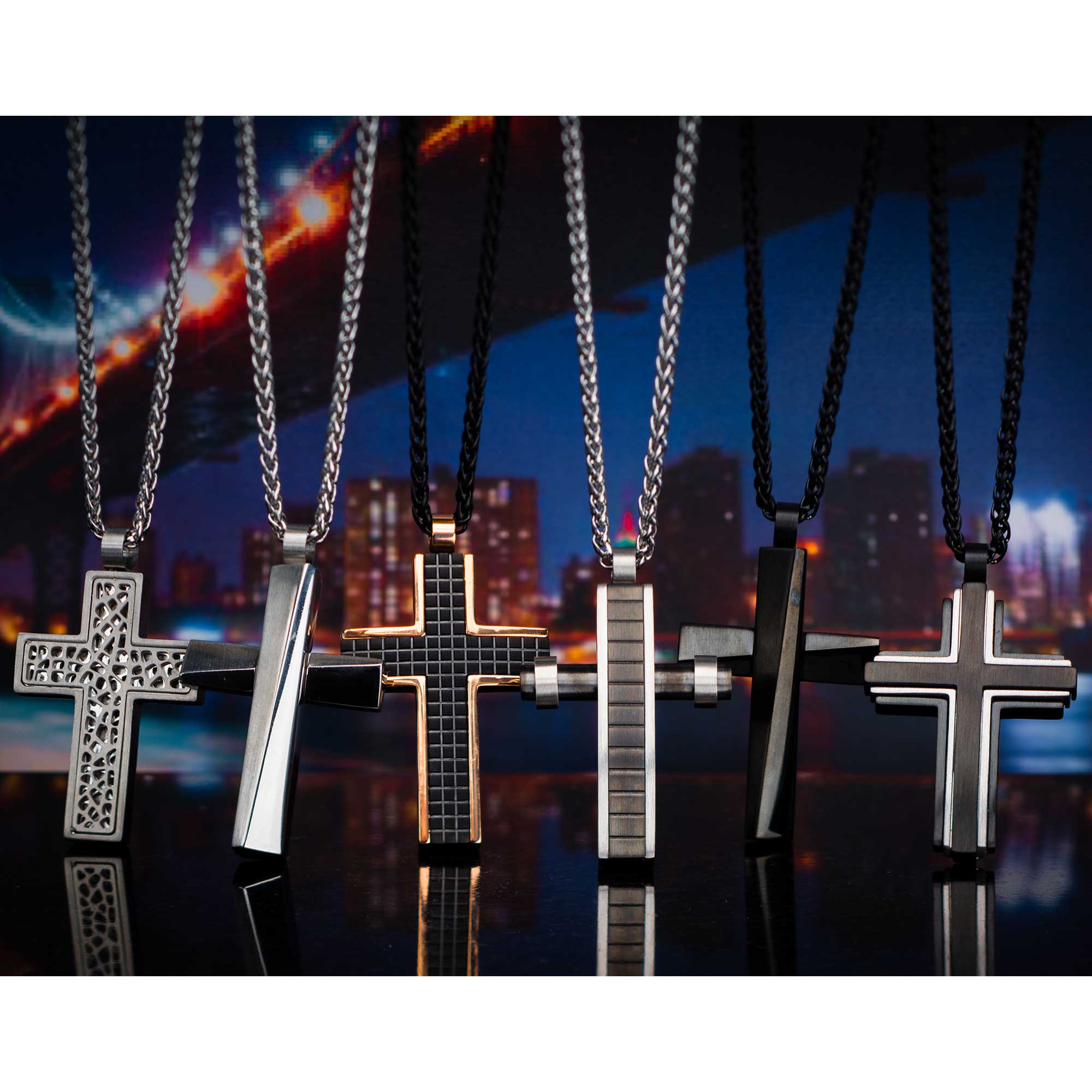 Steel Cross Pendant with Steel Round Wheat Chain Image 3 Midtown Diamonds Reno, NV