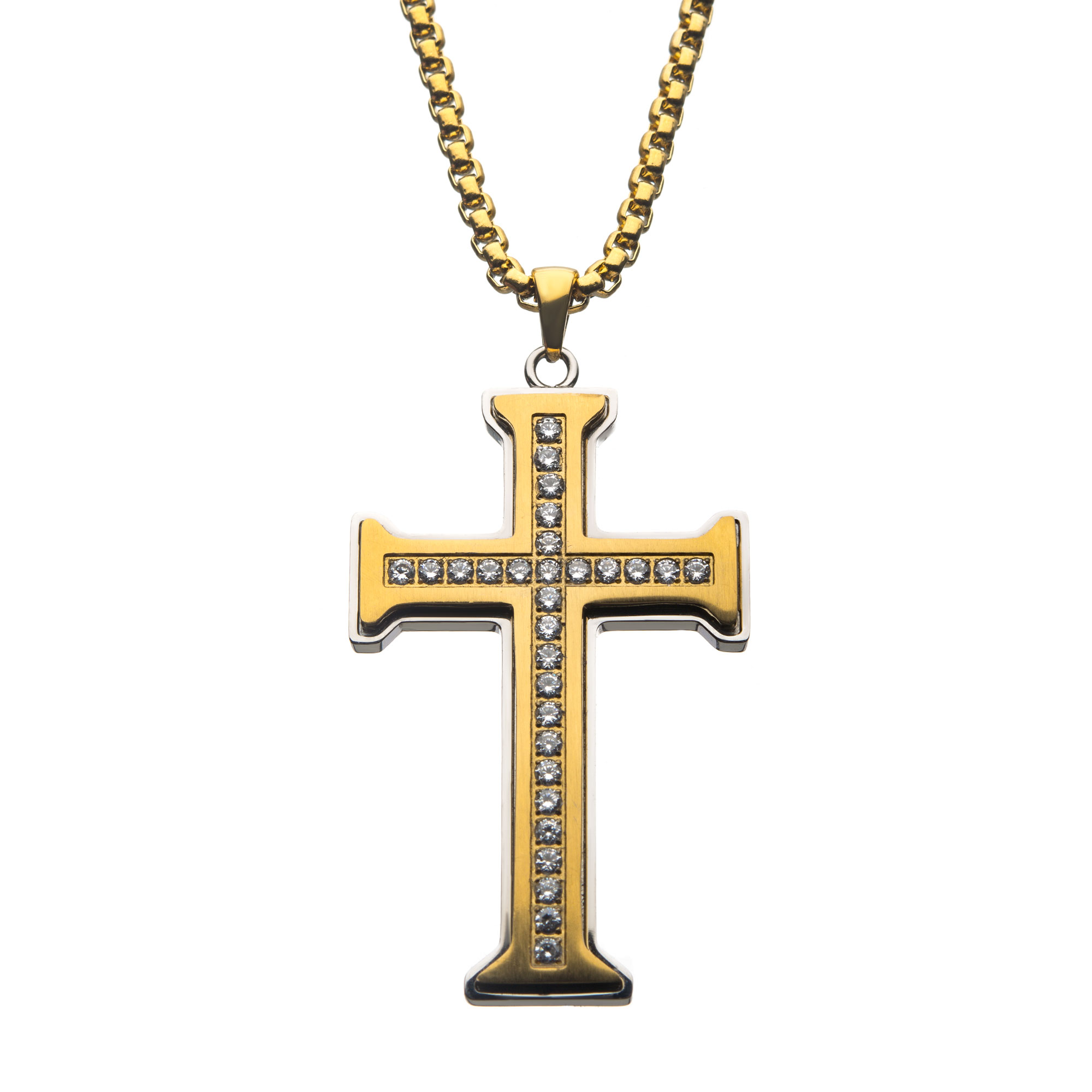 Clear CZ Gold Plated Cross Pendant in a Steel Frame with Chain Ken Walker Jewelers Gig Harbor, WA