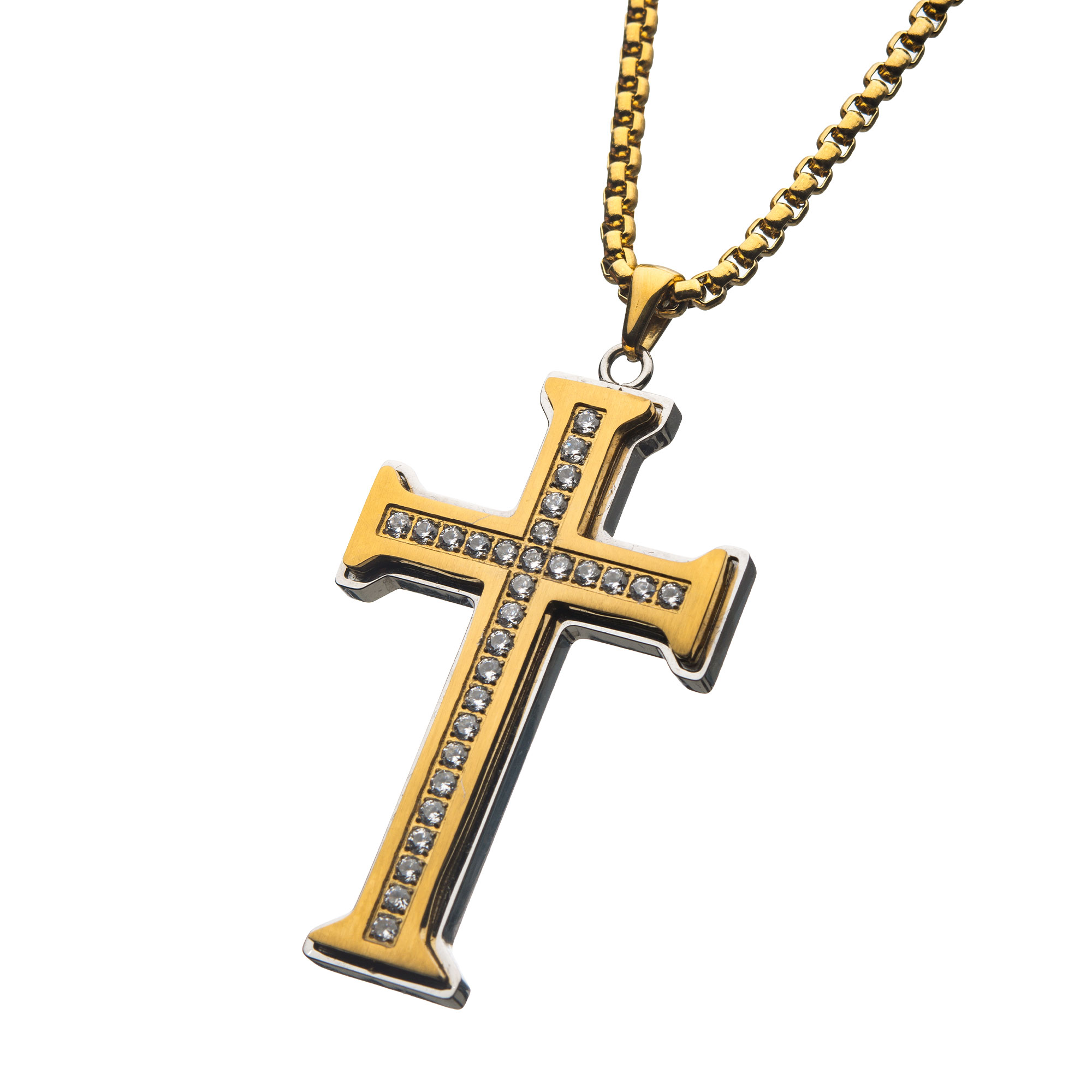 Clear CZ Gold Plated Cross Pendant in a Steel Frame with Chain Image 2 Milano Jewelers Pembroke Pines, FL