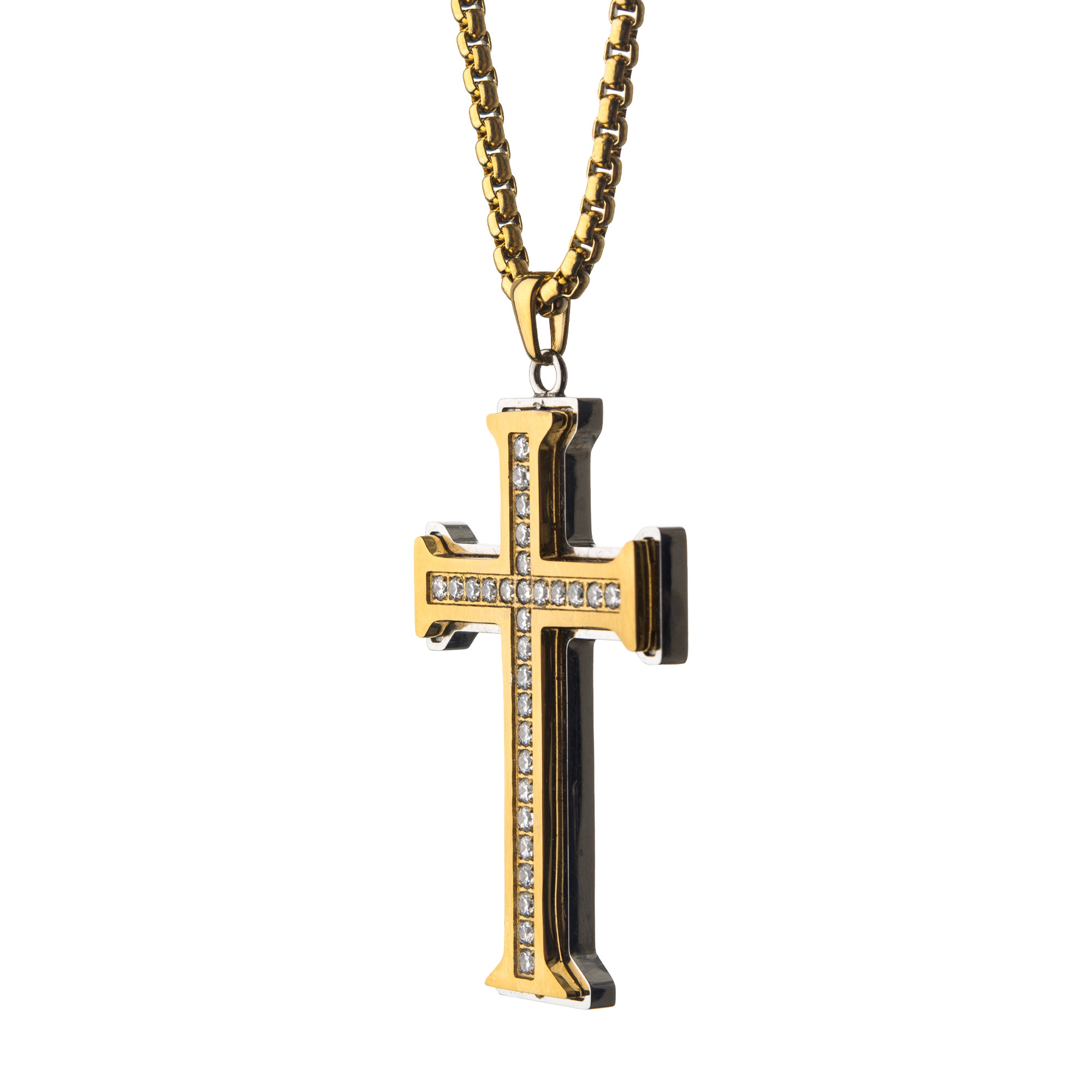 Clear CZ Gold Plated Cross Pendant in a Steel Frame with Chain Image 3 Ken Walker Jewelers Gig Harbor, WA