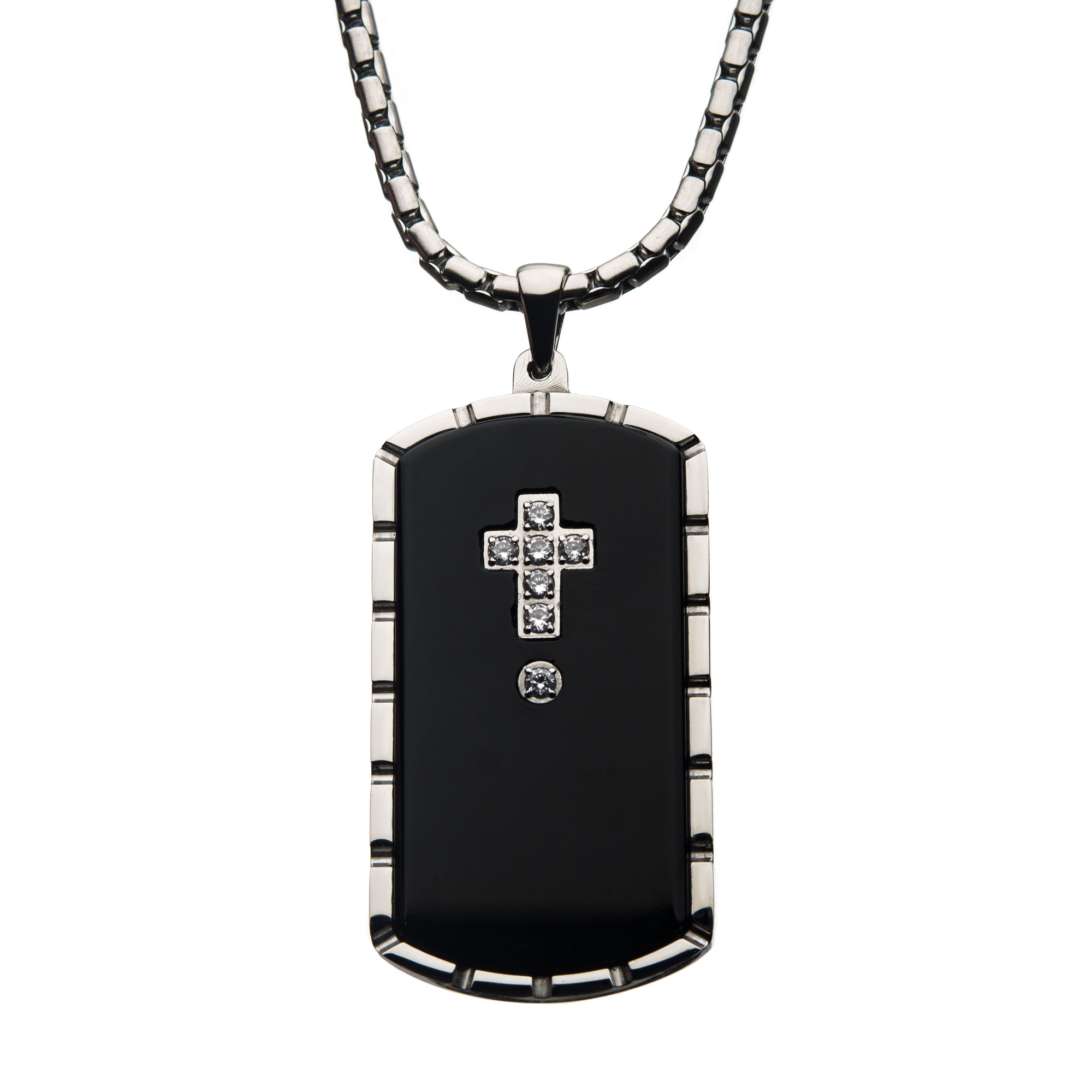 Black Agate Swarovski CZ Steel & Black Plated Dog Tag Pendant with Chain Mitchell's Jewelry Norman, OK