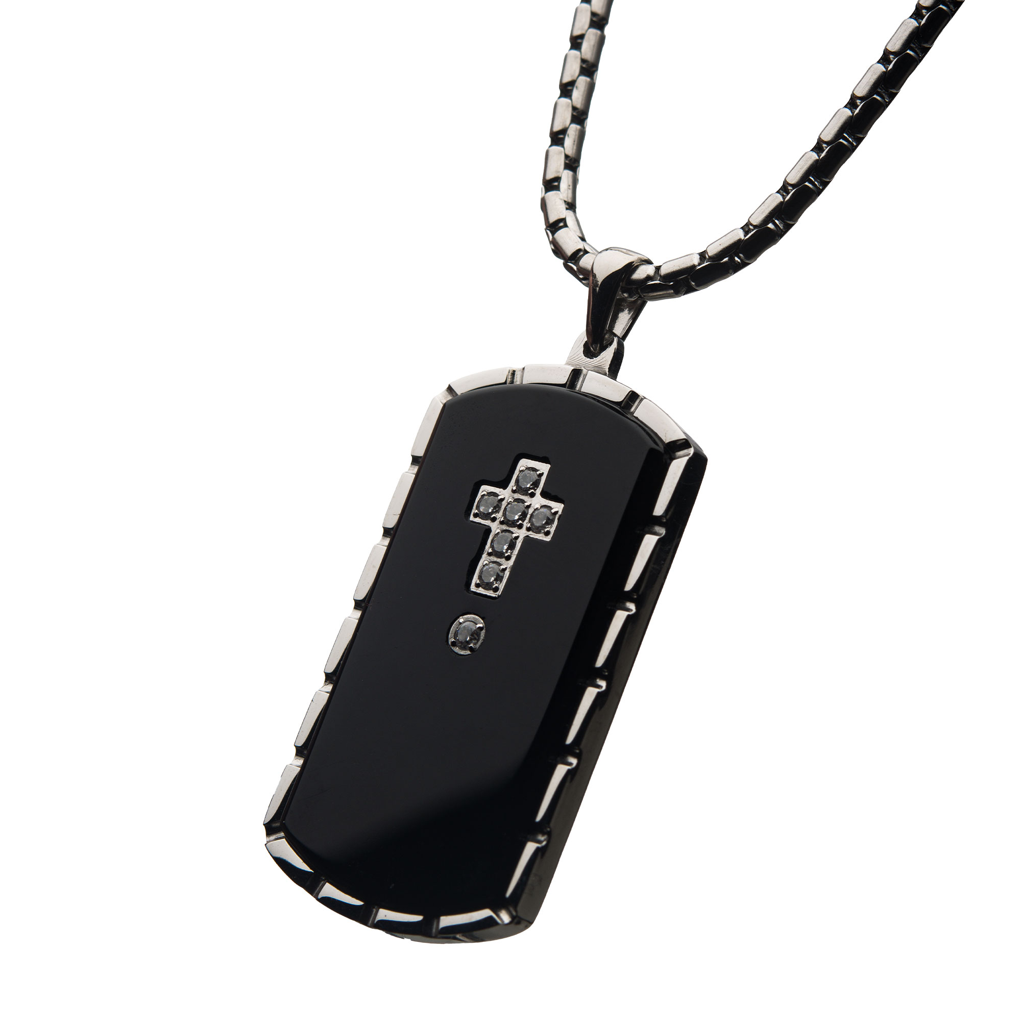 Black Agate Swarovski CZ Steel & Black Plated Dog Tag Pendant with Chain Image 2 Morin Jewelers Southbridge, MA
