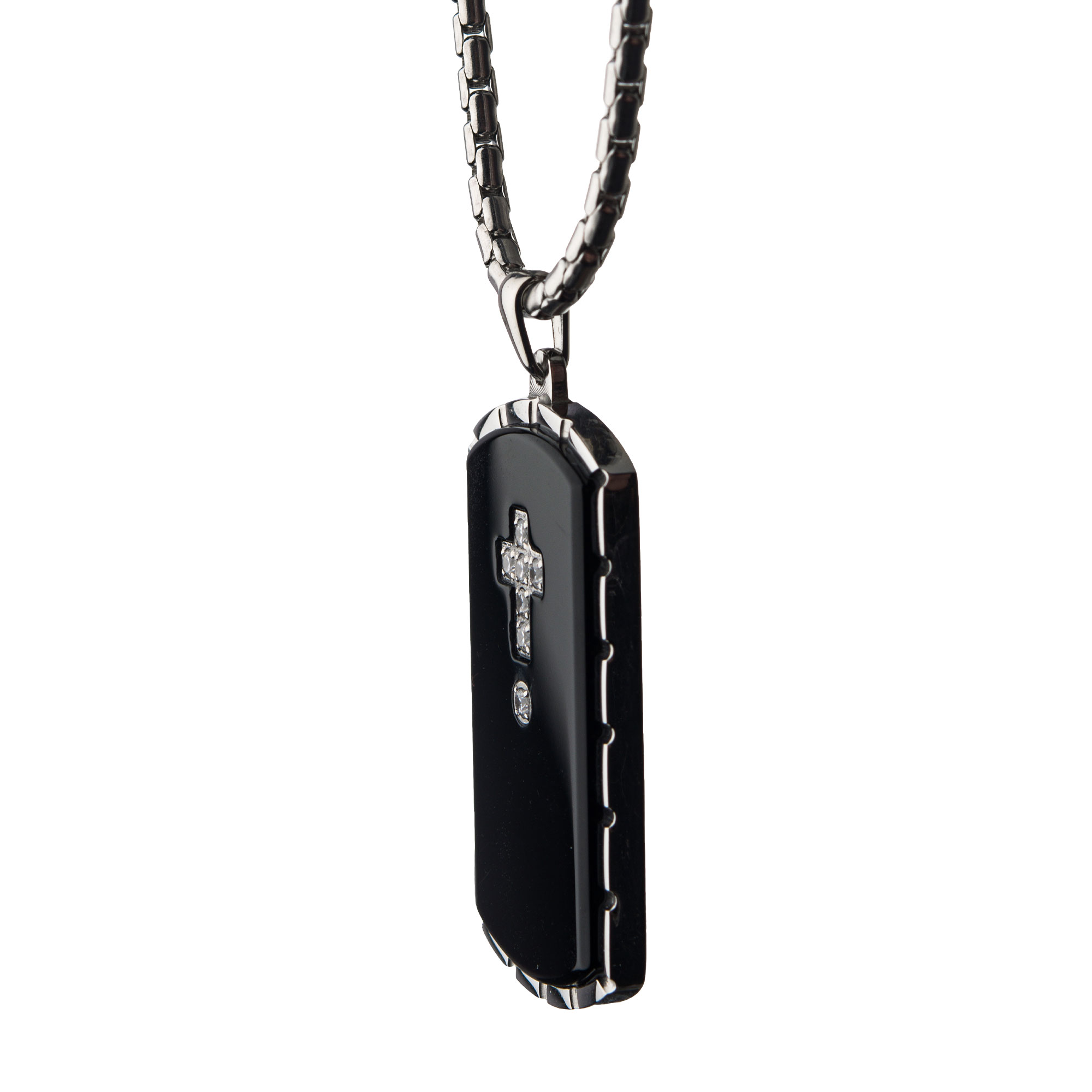Black Agate Swarovski CZ Steel & Black Plated Dog Tag Pendant with Chain Image 3 Milano Jewelers Pembroke Pines, FL