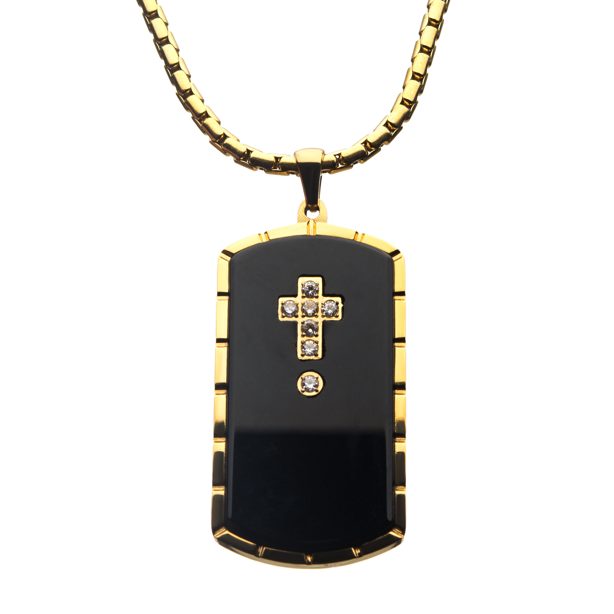Black Agate Swarovski CZ Black & Gold Plated Dog Tag Pendant with Chain Milano Jewelers Pembroke Pines, FL
