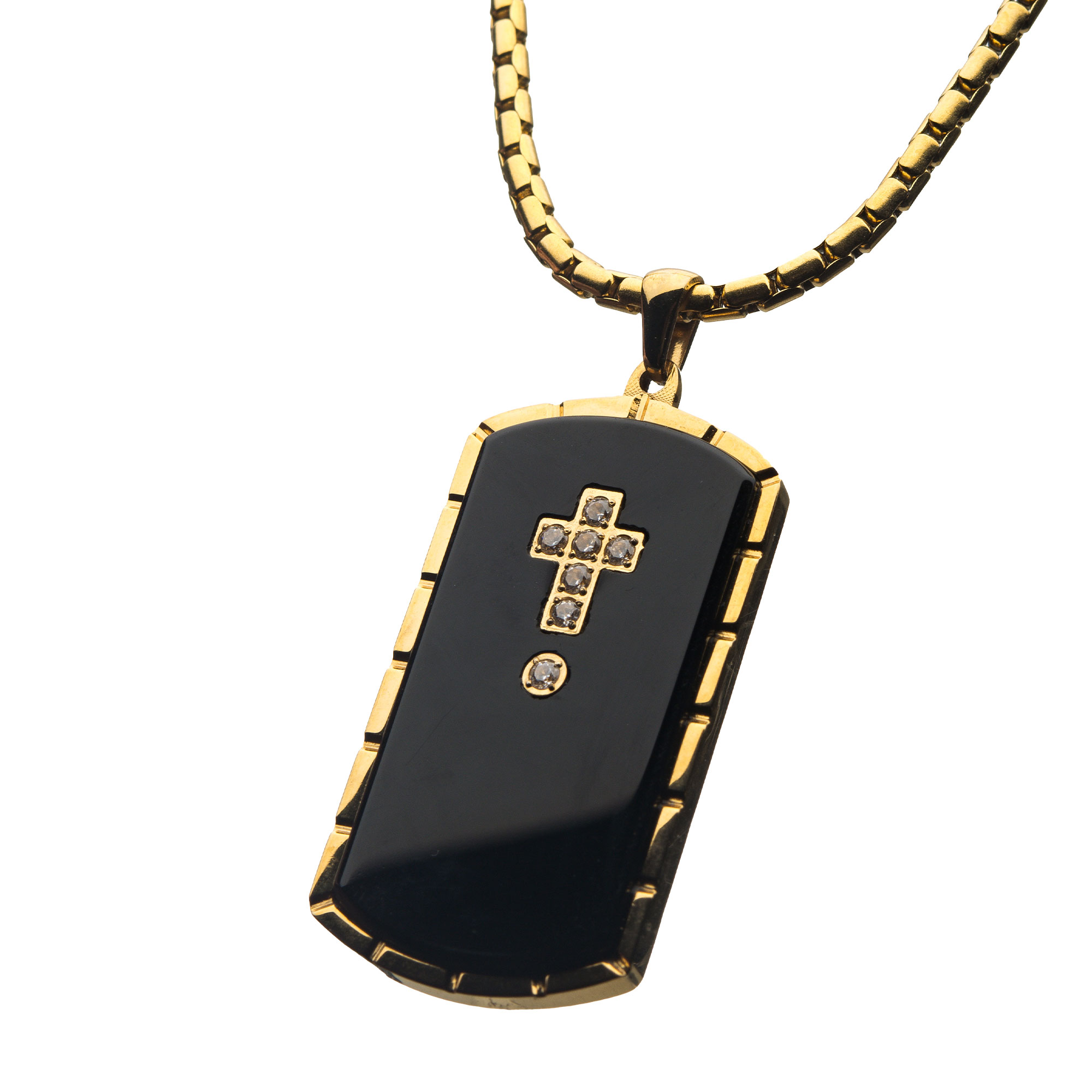 Black Agate Swarovski CZ Black & Gold Plated Dog Tag Pendant with Chain Image 2 Spath Jewelers Bartow, FL