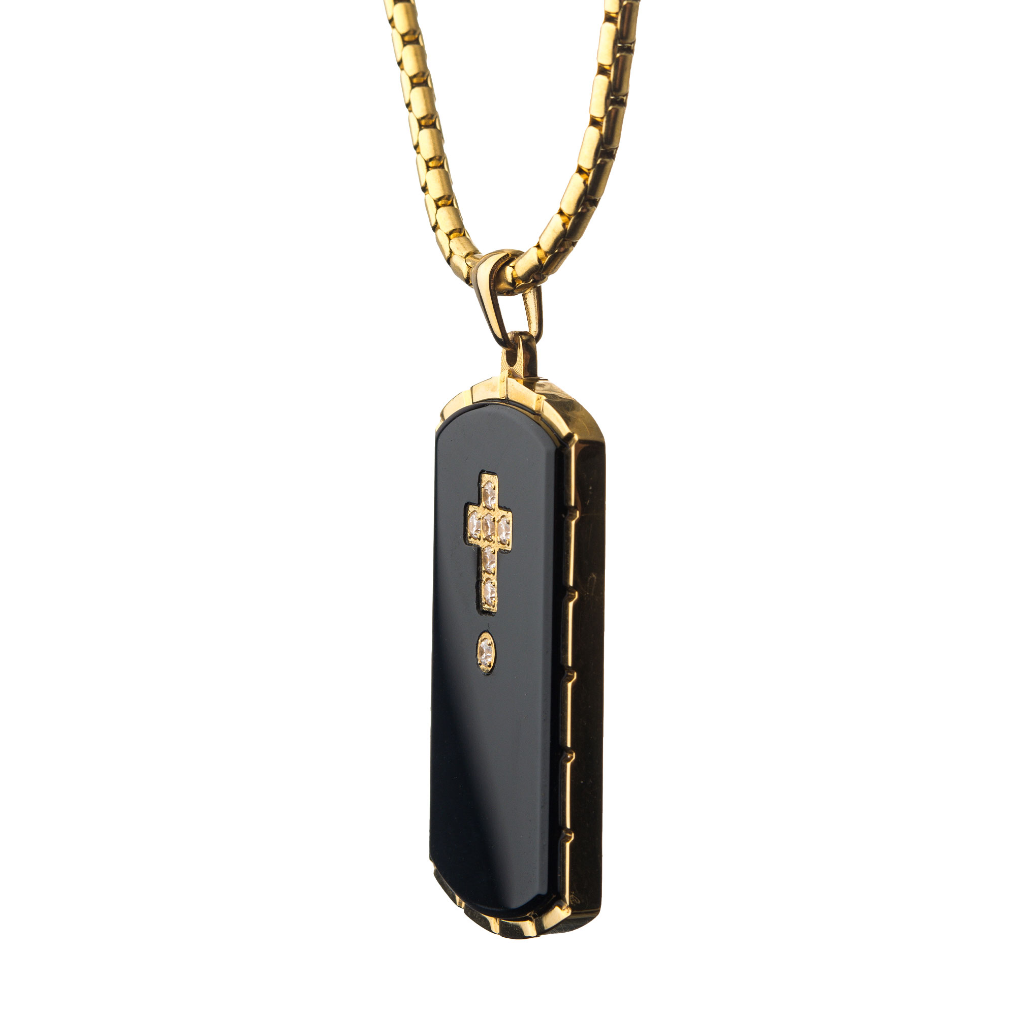 Black Agate Swarovski CZ Black & Gold Plated Dog Tag Pendant with Chain Image 3 Milano Jewelers Pembroke Pines, FL