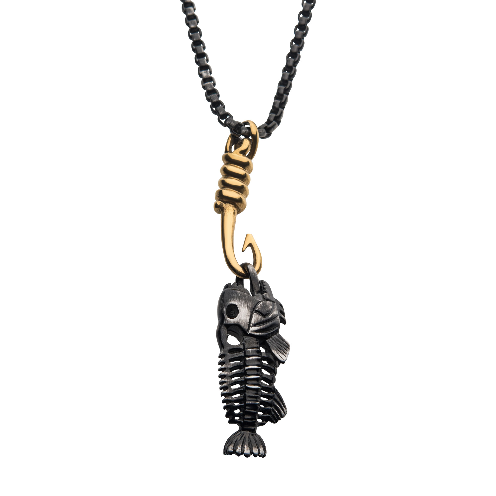 Black Plated Fishbone Pendant on a Polished Gold Plated Hook with Black Plated Box Chain Mueller Jewelers Chisago City, MN