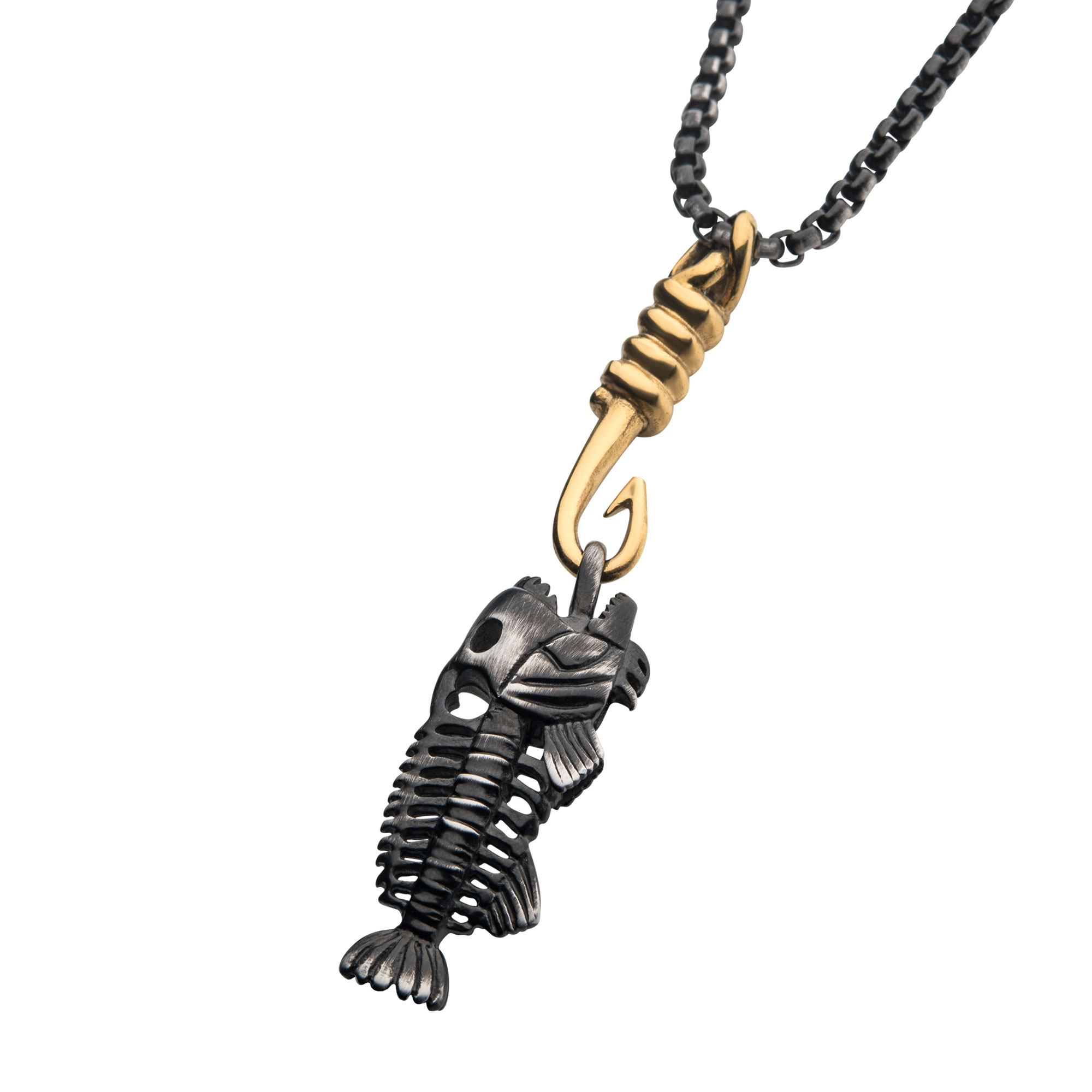 Black Plated Fishbone Pendant on a Polished Gold Plated Hook with Black Plated Box Chain Image 2 Carroll / Ochs Jewelers Monroe, MI