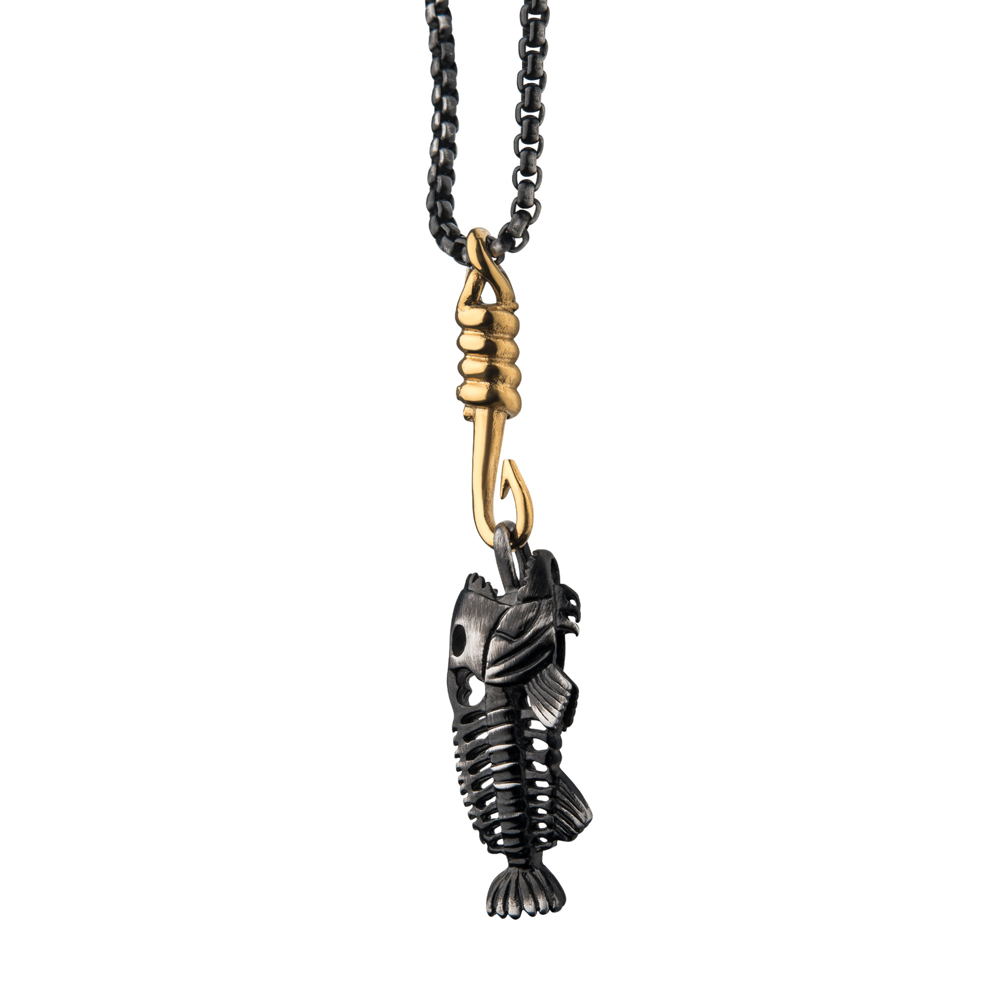 Black Plated Fishbone Pendant on a Polished Gold Plated Hook with Black Plated Box Chain Image 3 Ken Walker Jewelers Gig Harbor, WA