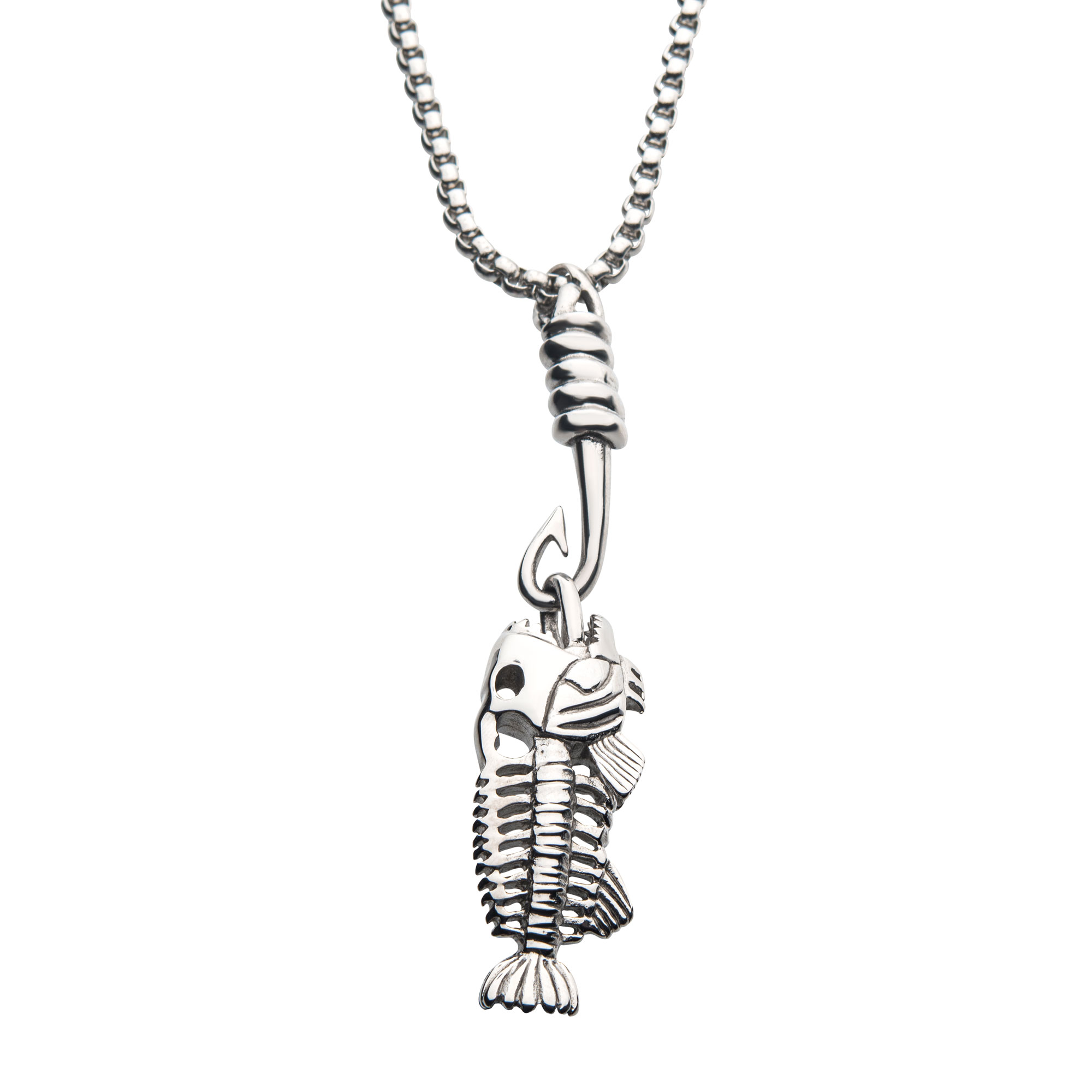 Polished Steel Fishbone Pendant with Hook & Box Chain Morin Jewelers Southbridge, MA