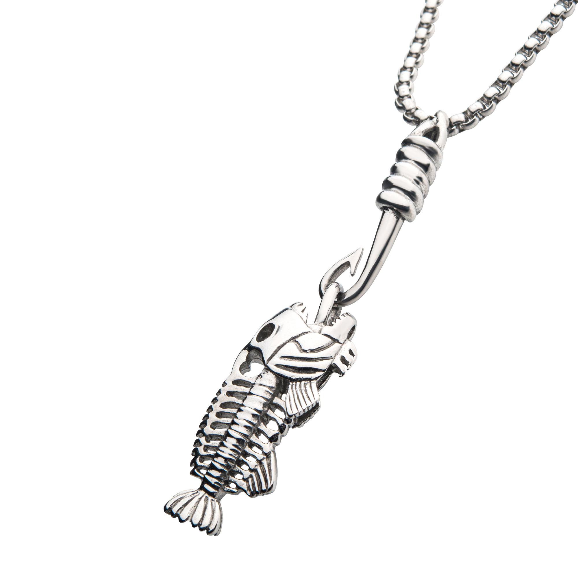 Polished Steel Fishbone Pendant with Hook & Box Chain Image 2 Milano Jewelers Pembroke Pines, FL