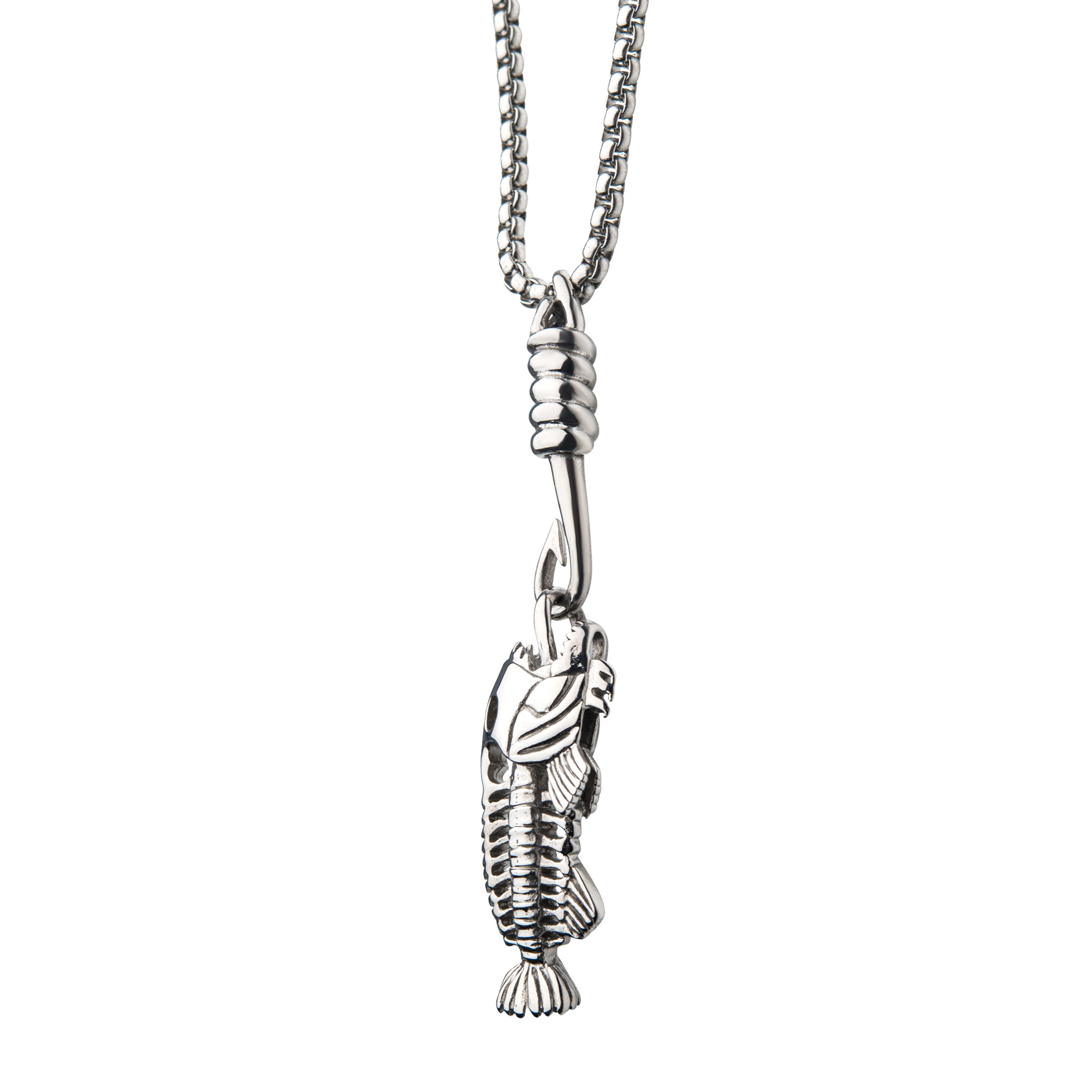 Polished Steel Fishbone Pendant with Hook & Box Chain Image 3 Midtown Diamonds Reno, NV