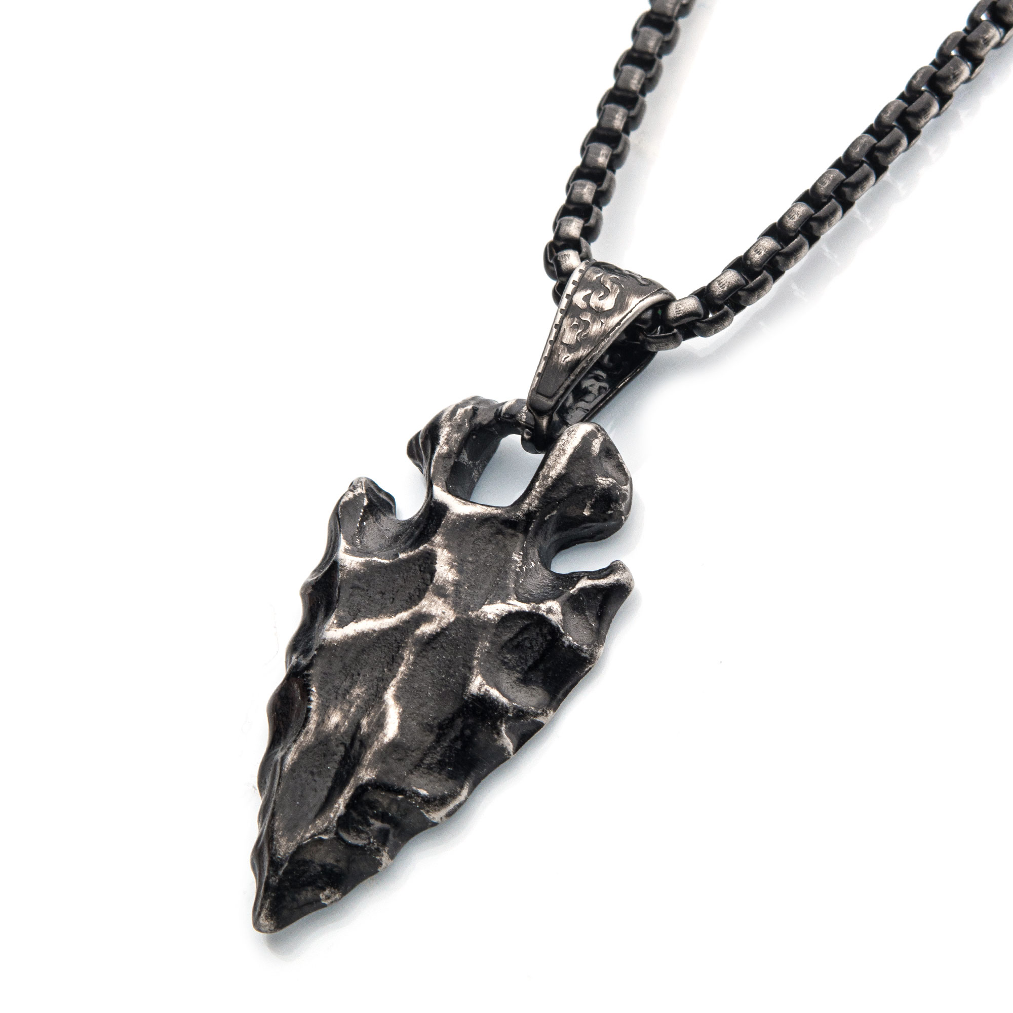 Gun Metal Plated Chiseled Arrowhead Pendant with Box Chain Image 2 Mueller Jewelers Chisago City, MN