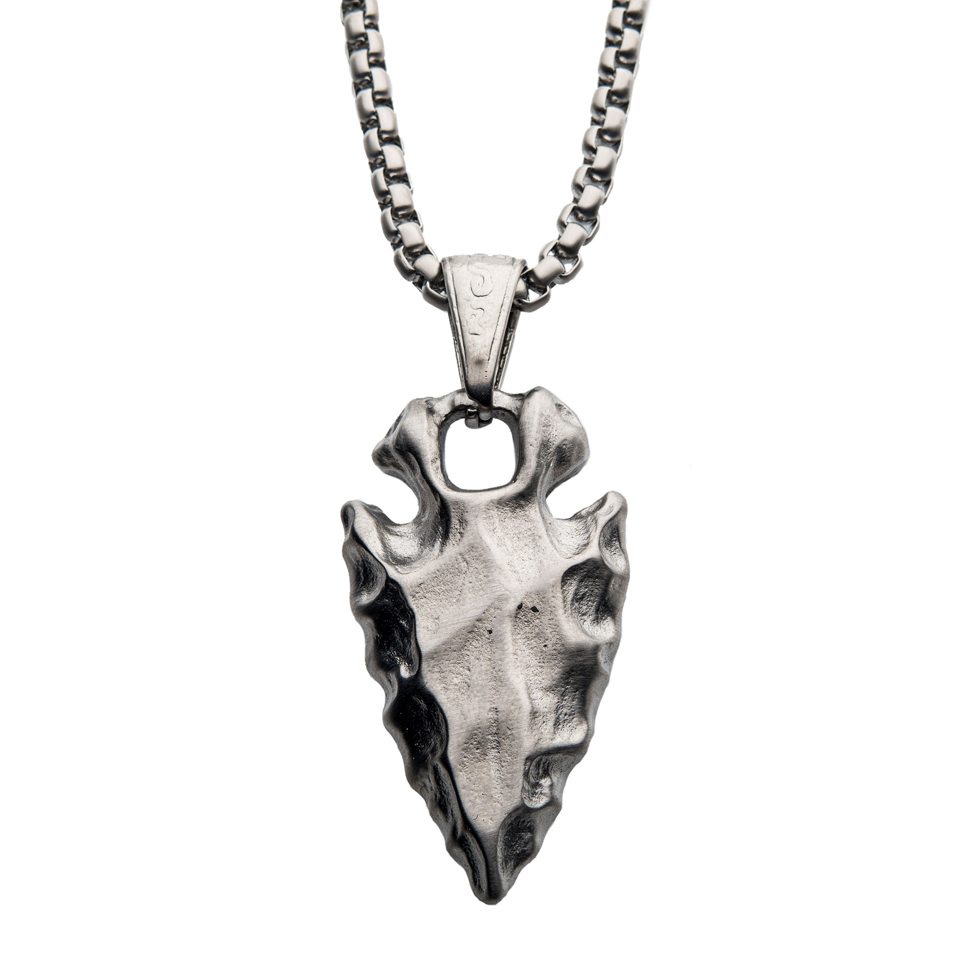 Brushed Steel Chiseled Arrowhead Pendant with Box Chain Milano Jewelers Pembroke Pines, FL
