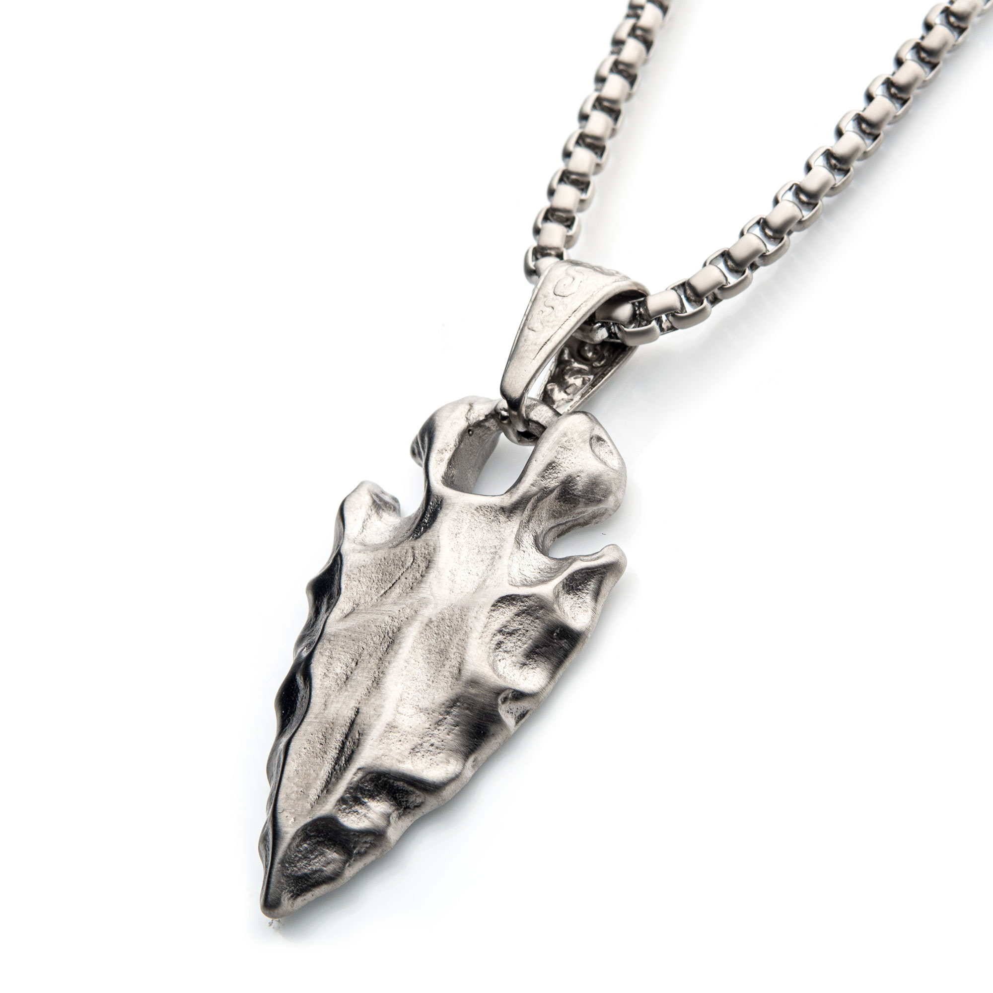 Brushed Steel Chiseled Arrowhead Pendant with Box Chain Image 2 Lewis Jewelers, Inc. Ansonia, CT