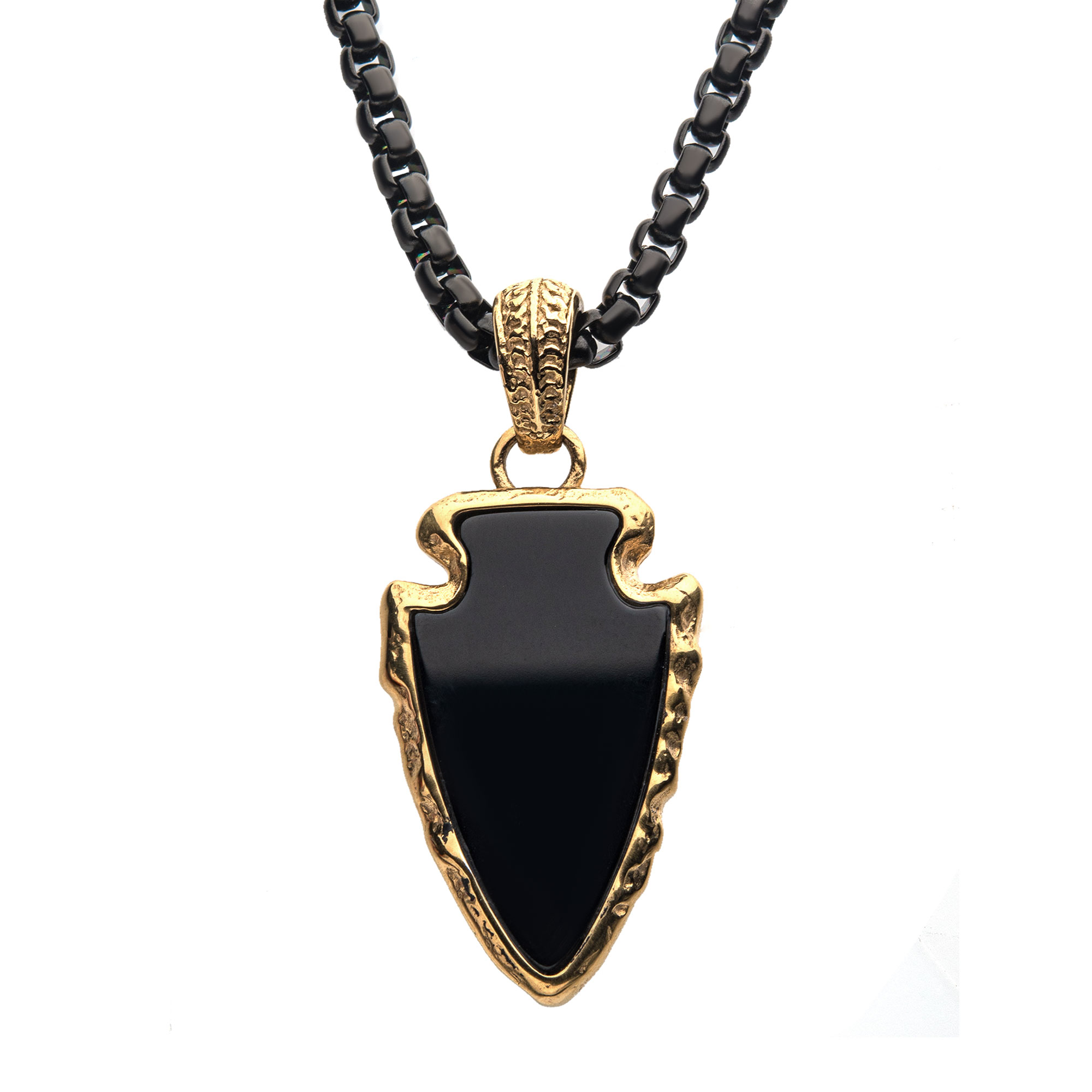 Black Agate Stone with Gold Plated Frame Pendant on a Polished Gold Plated Bail with Polished Black Plated Box Chain Ken Walker Jewelers Gig Harbor, WA