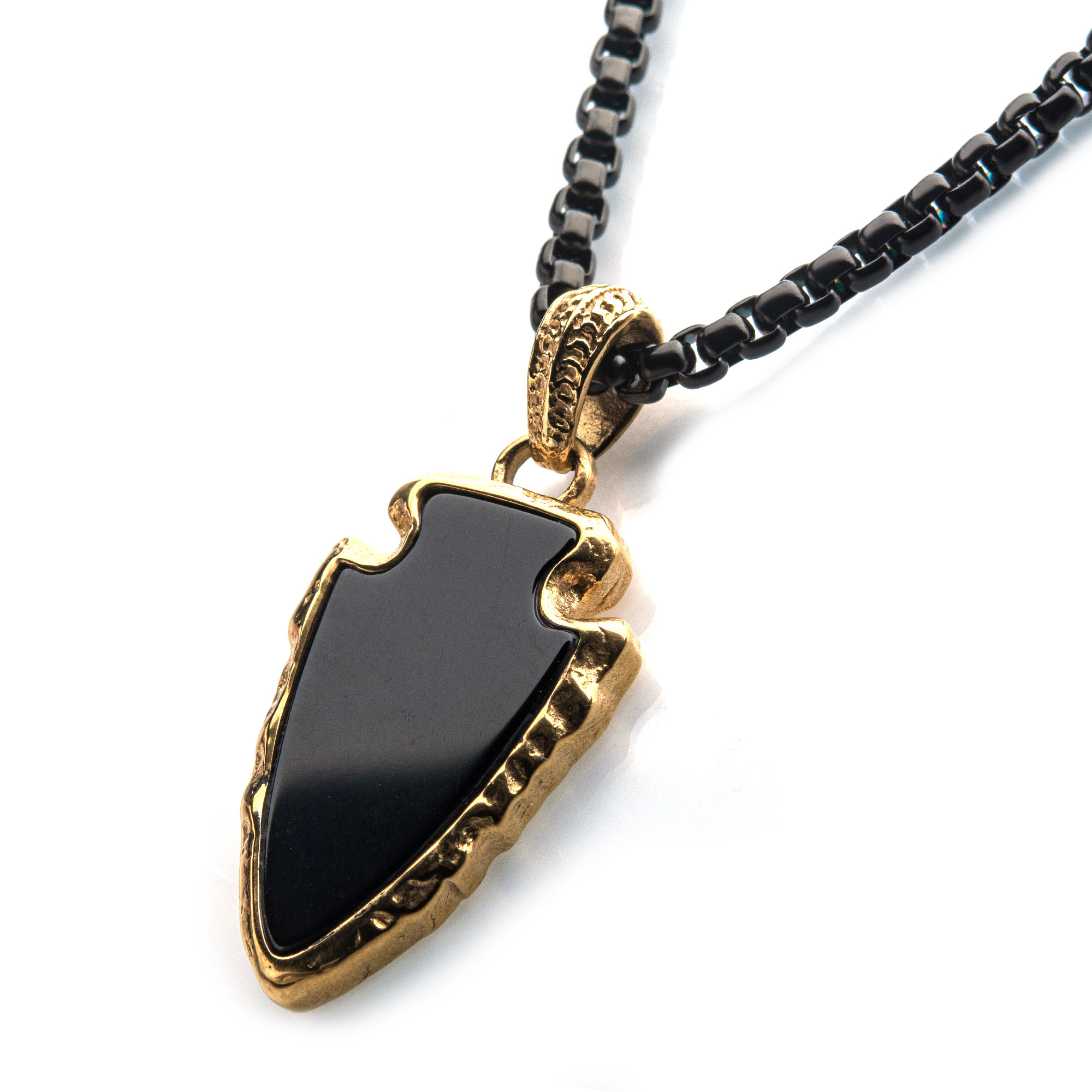 Black Agate Stone with Gold Plated Frame Pendant on a Polished Gold Plated Bail with Polished Black Plated Box Chain Image 2 Ken Walker Jewelers Gig Harbor, WA