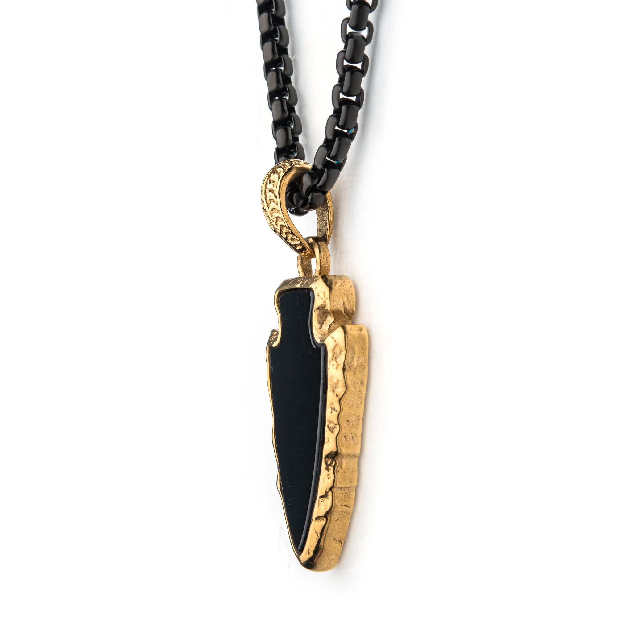 Black Agate Stone with Gold Plated Frame Pendant on a Polished Gold Plated Bail with Polished Black Plated Box Chain Image 3 Morin Jewelers Southbridge, MA