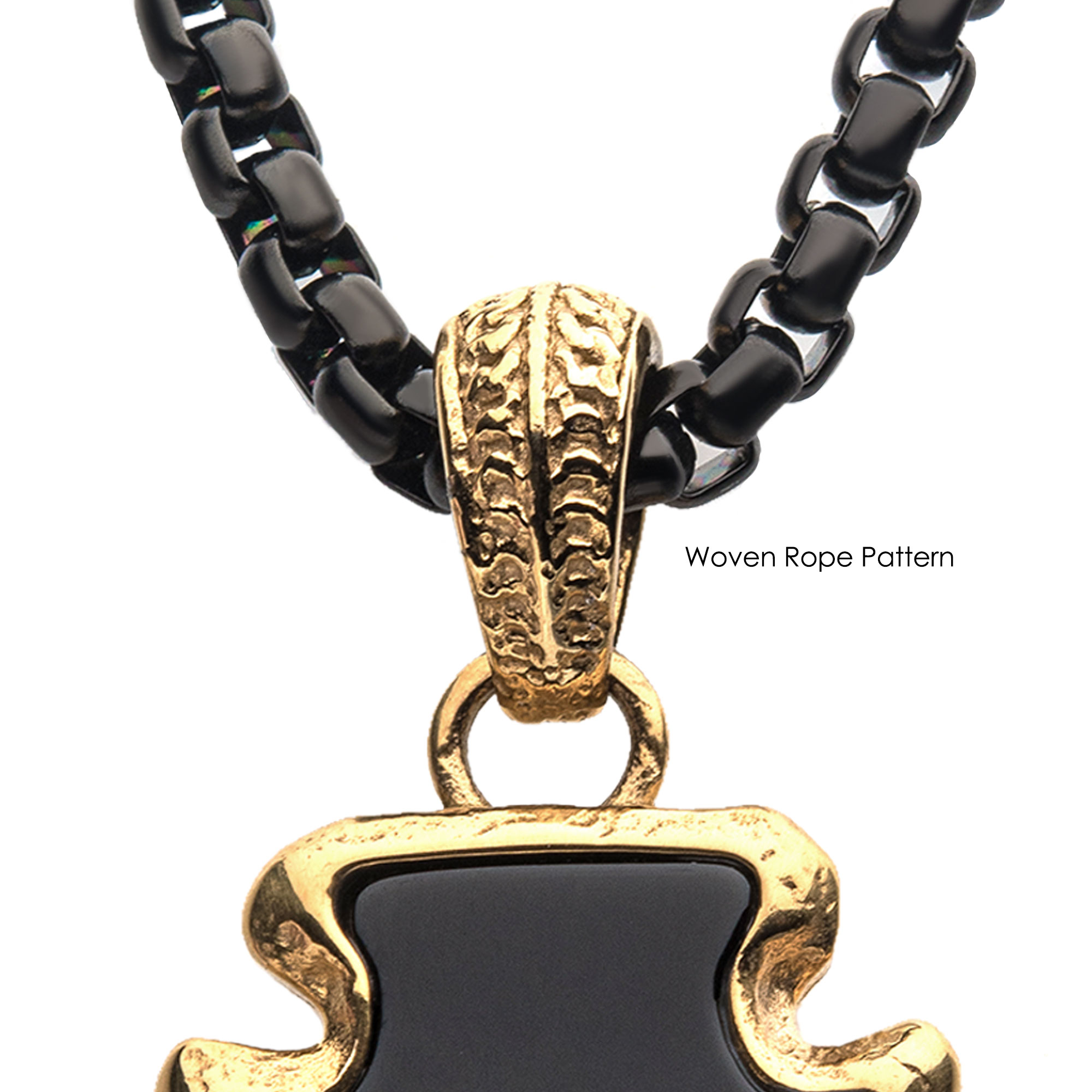 Black Agate Stone with Gold Plated Frame Pendant on a Polished Gold Plated Bail with Polished Black Plated Box Chain Image 4 Thurber's Fine Jewelry Wadsworth, OH