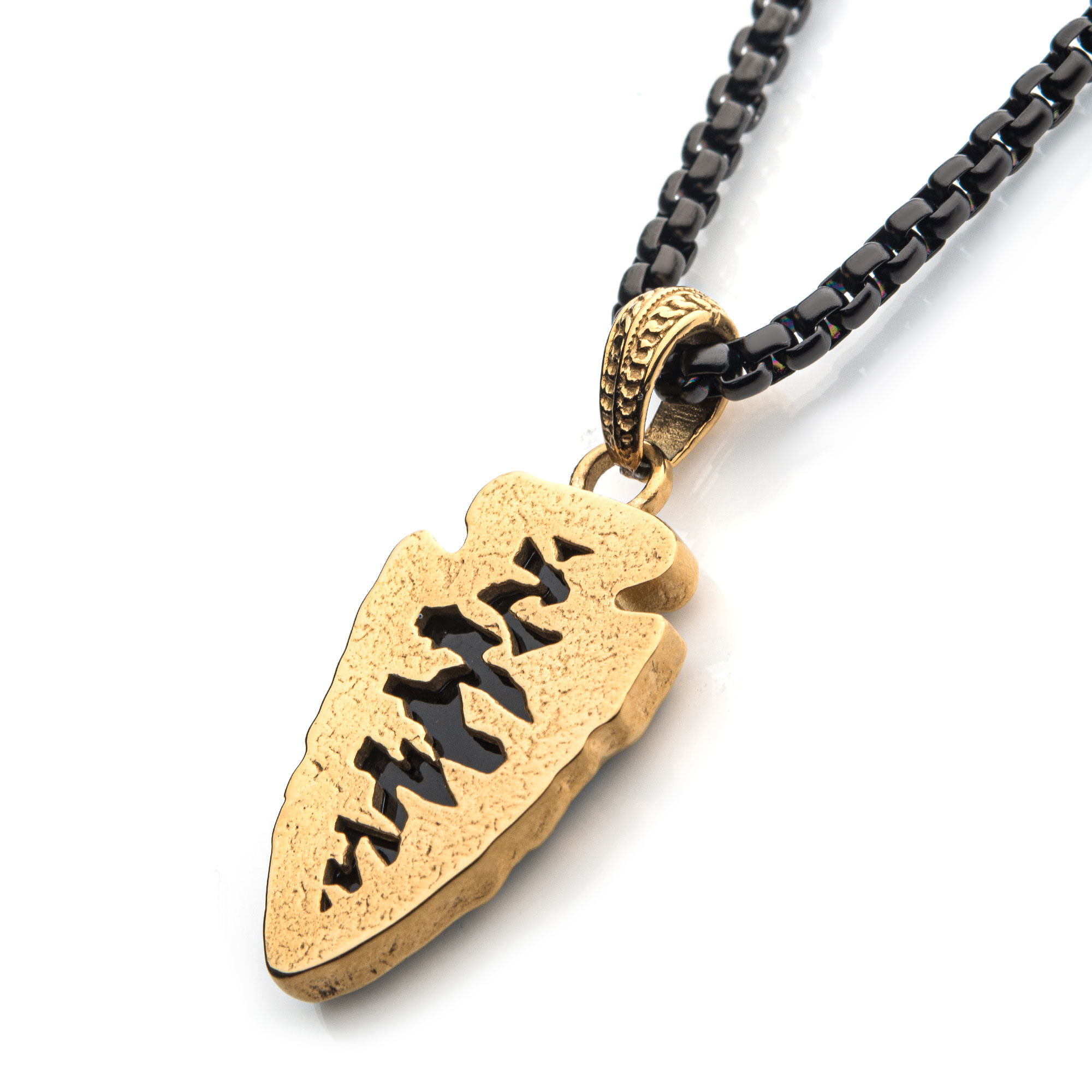 Black Agate Stone with Gold Plated Frame Pendant on a Polished Gold Plated Bail with Polished Black Plated Box Chain Image 5 Milano Jewelers Pembroke Pines, FL