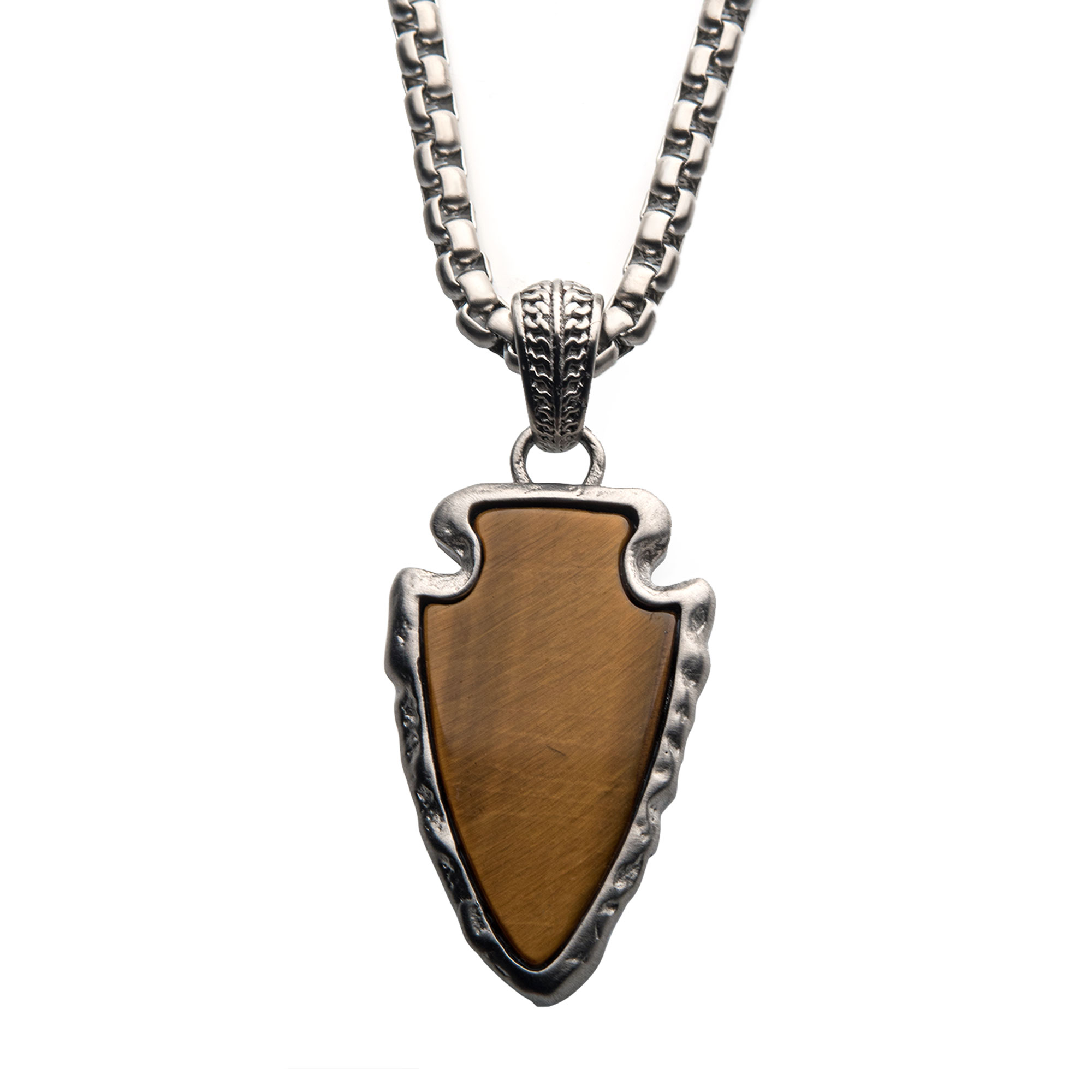 Tiger Eye Stone with Brushed Steel Frame Pendant with a Brushed Steel Box Chain Thurber's Fine Jewelry Wadsworth, OH