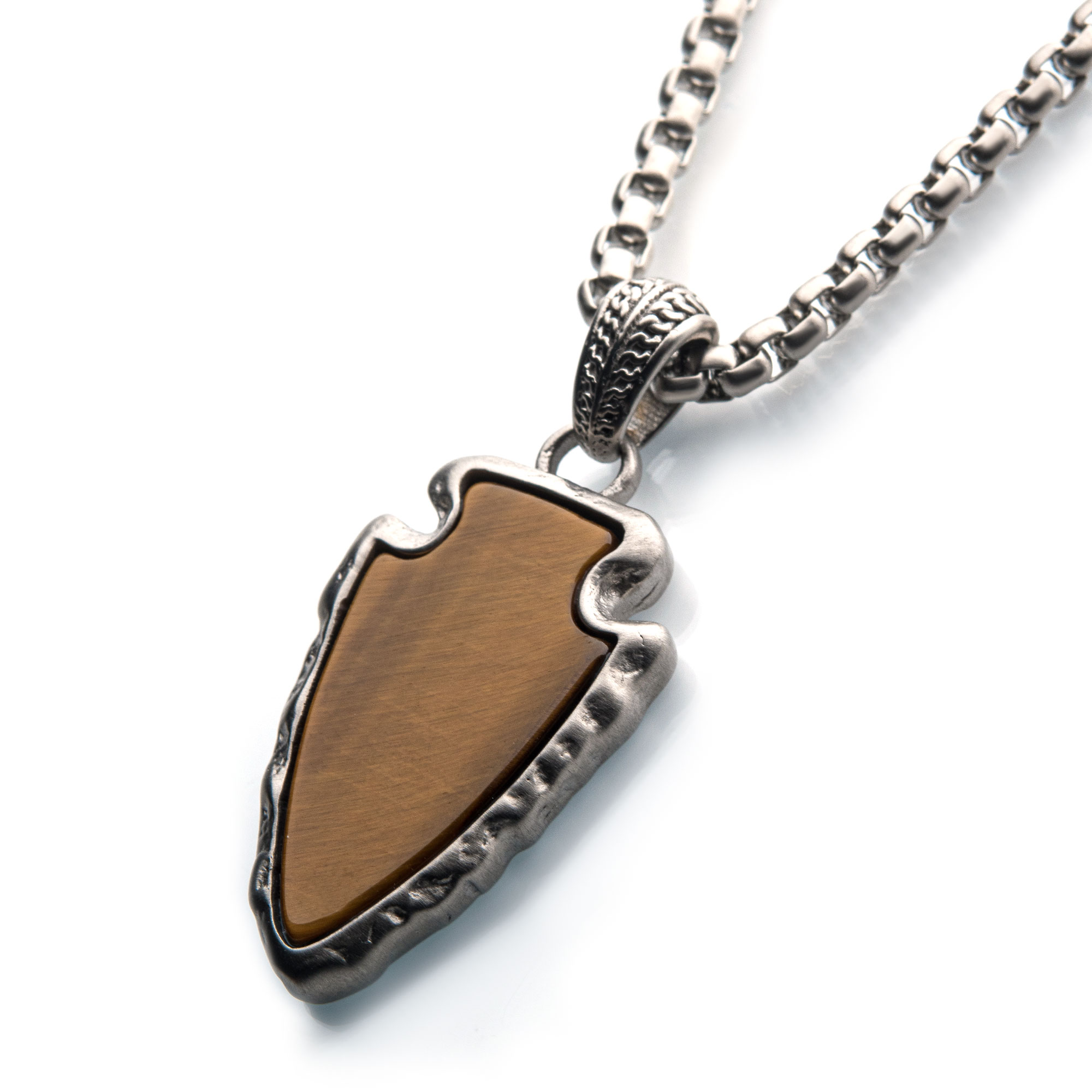 Tiger Eye Stone with Brushed Steel Frame Pendant with a Brushed Steel Box Chain Image 2 Ken Walker Jewelers Gig Harbor, WA