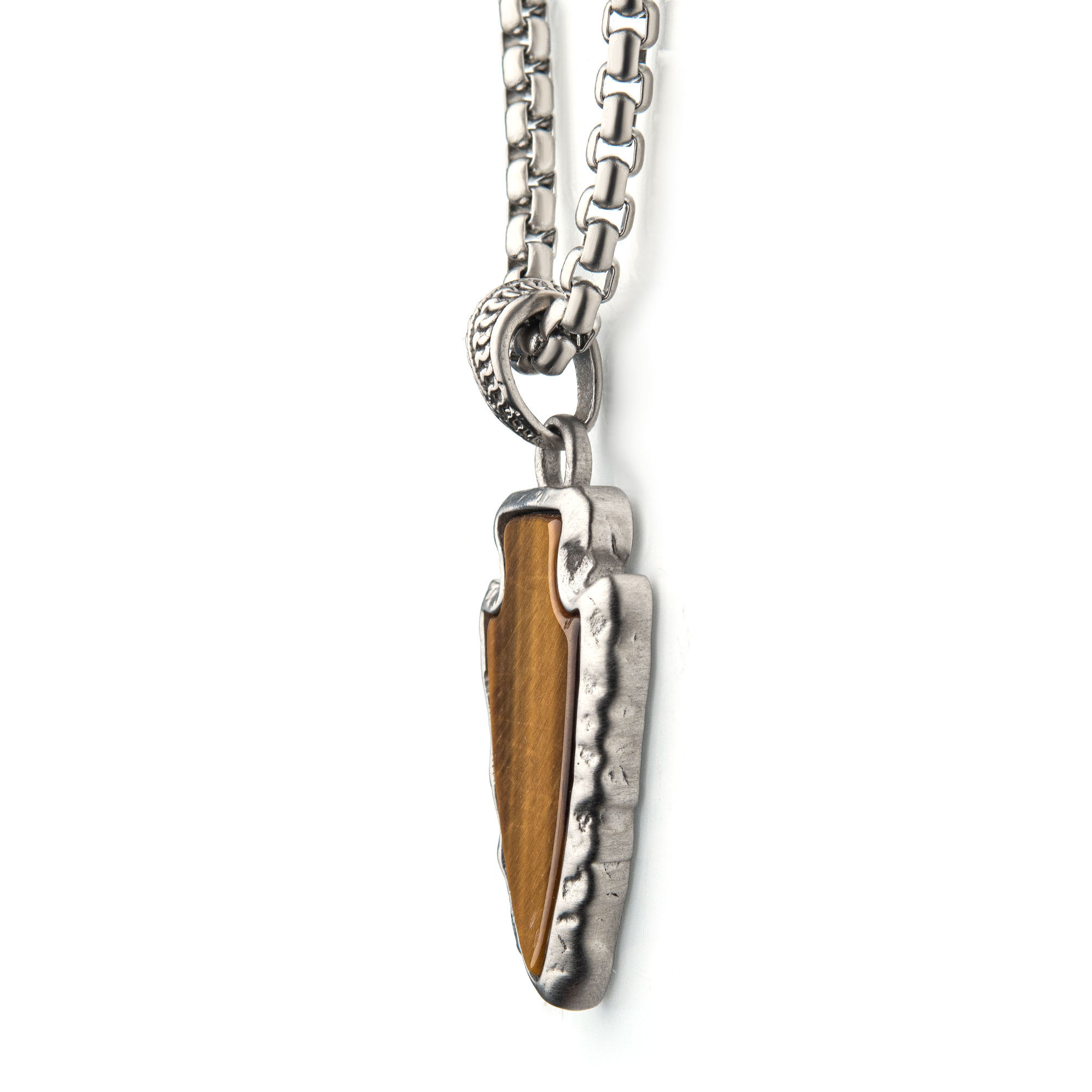 Tiger Eye Stone with Brushed Steel Frame Pendant with a Brushed Steel Box Chain Image 3 Milano Jewelers Pembroke Pines, FL