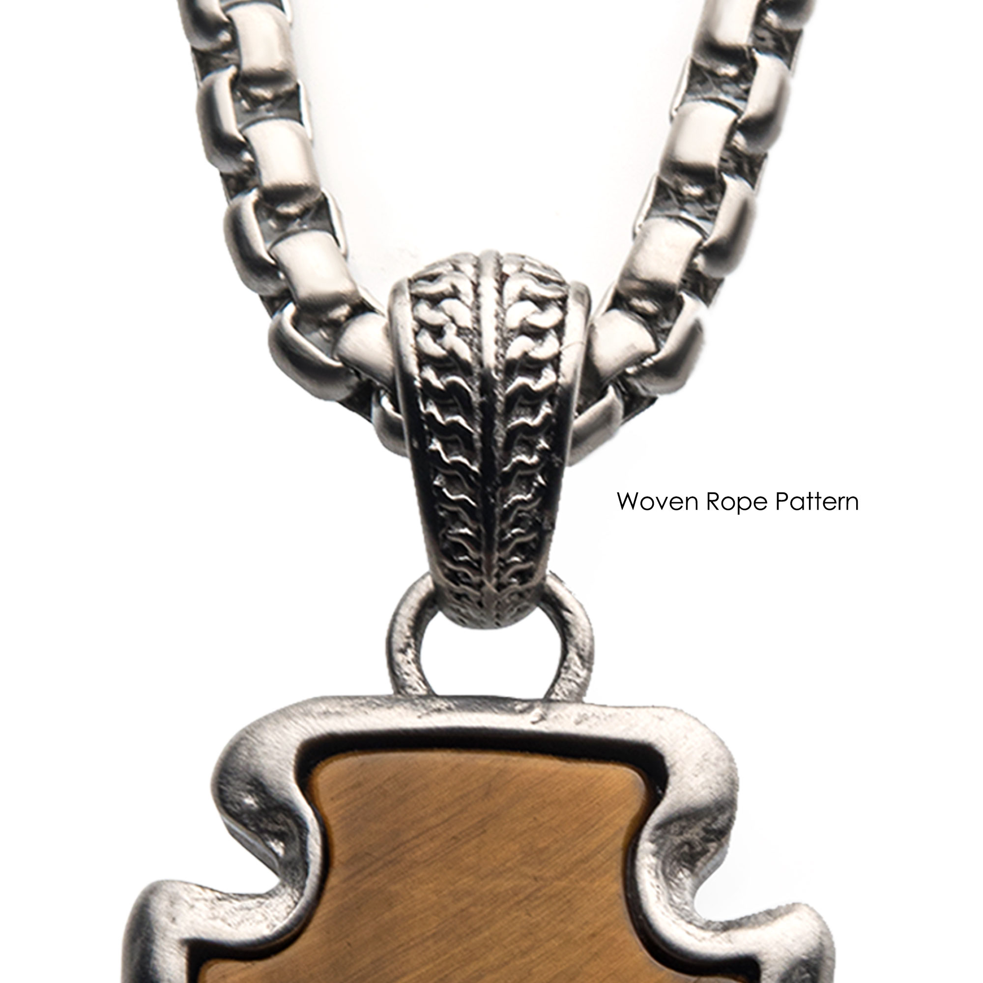 Tiger Eye Stone with Brushed Steel Frame Pendant with a Brushed Steel Box Chain Image 4 K. Martin Jeweler Dodge City, KS