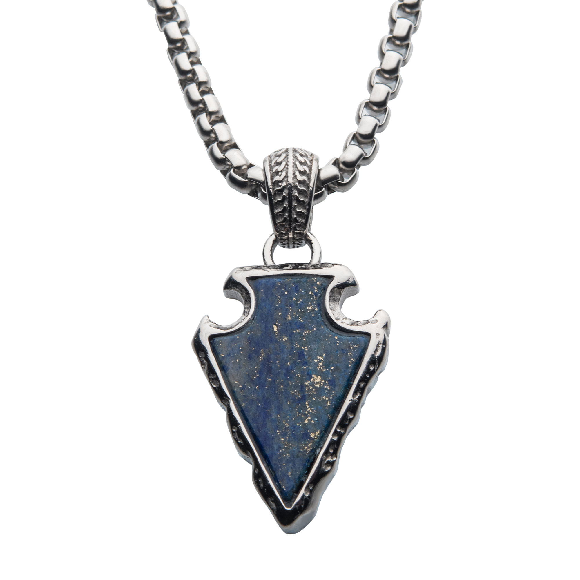 Lapis Lazuli Stone with Polished Steel Frame Pendant with Polished Steel Box Chain Midtown Diamonds Reno, NV