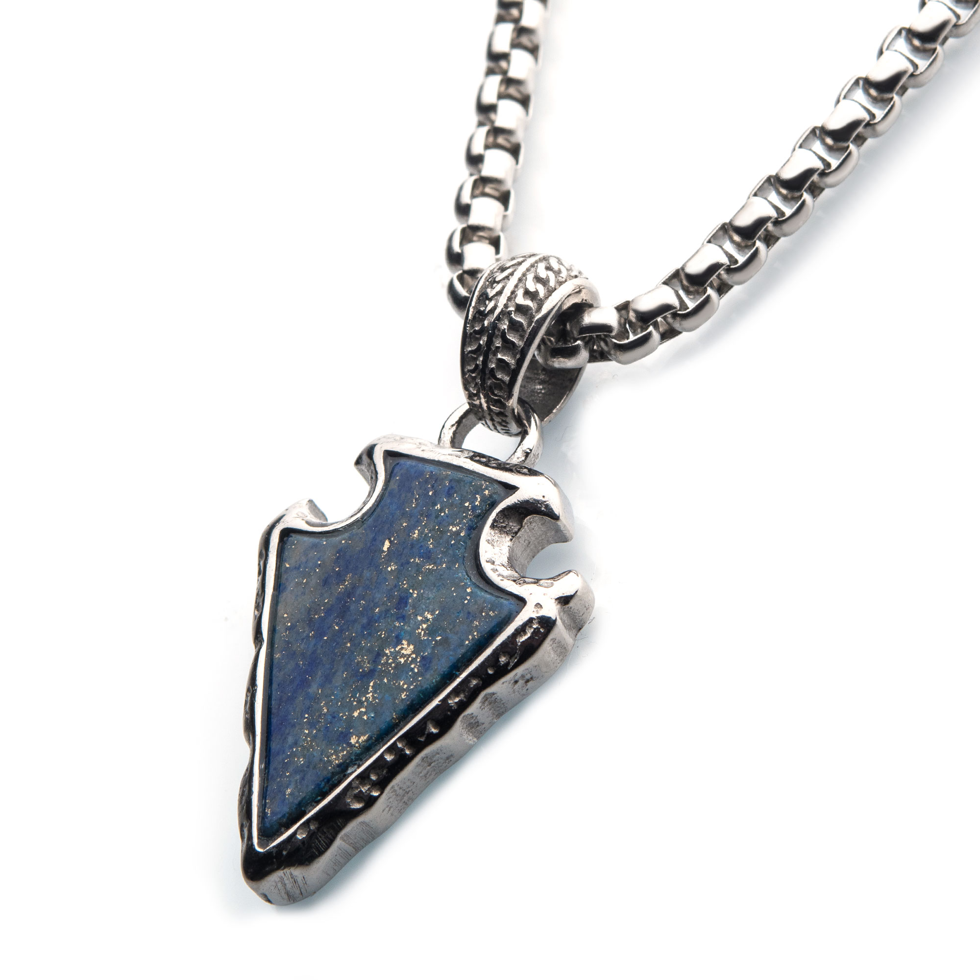 Lapis Lazuli Stone with Polished Steel Frame Pendant with Polished Steel Box Chain Image 2 Milano Jewelers Pembroke Pines, FL