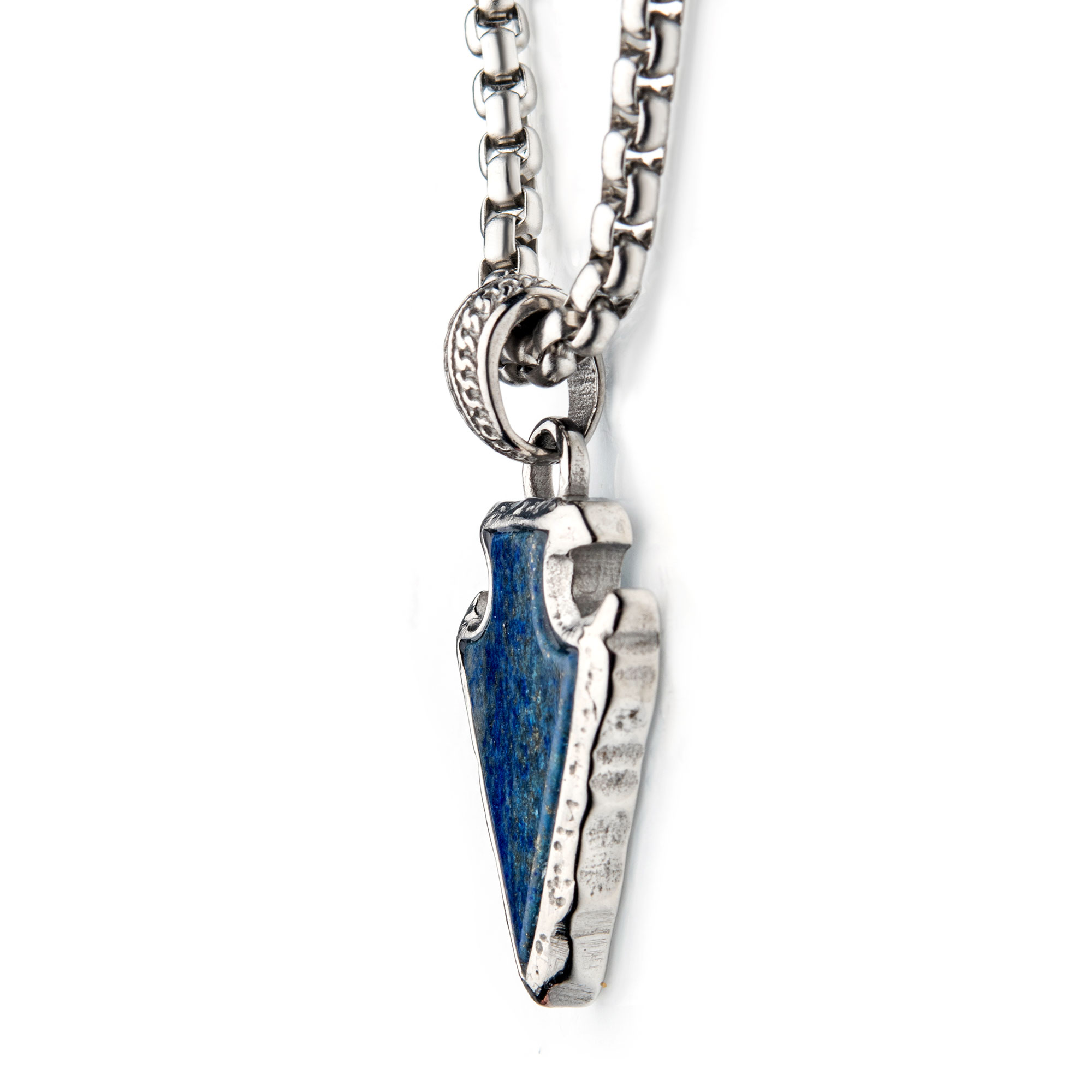 Lapis Lazuli Stone with Polished Steel Frame Pendant with Polished Steel Box Chain Image 3 Milano Jewelers Pembroke Pines, FL