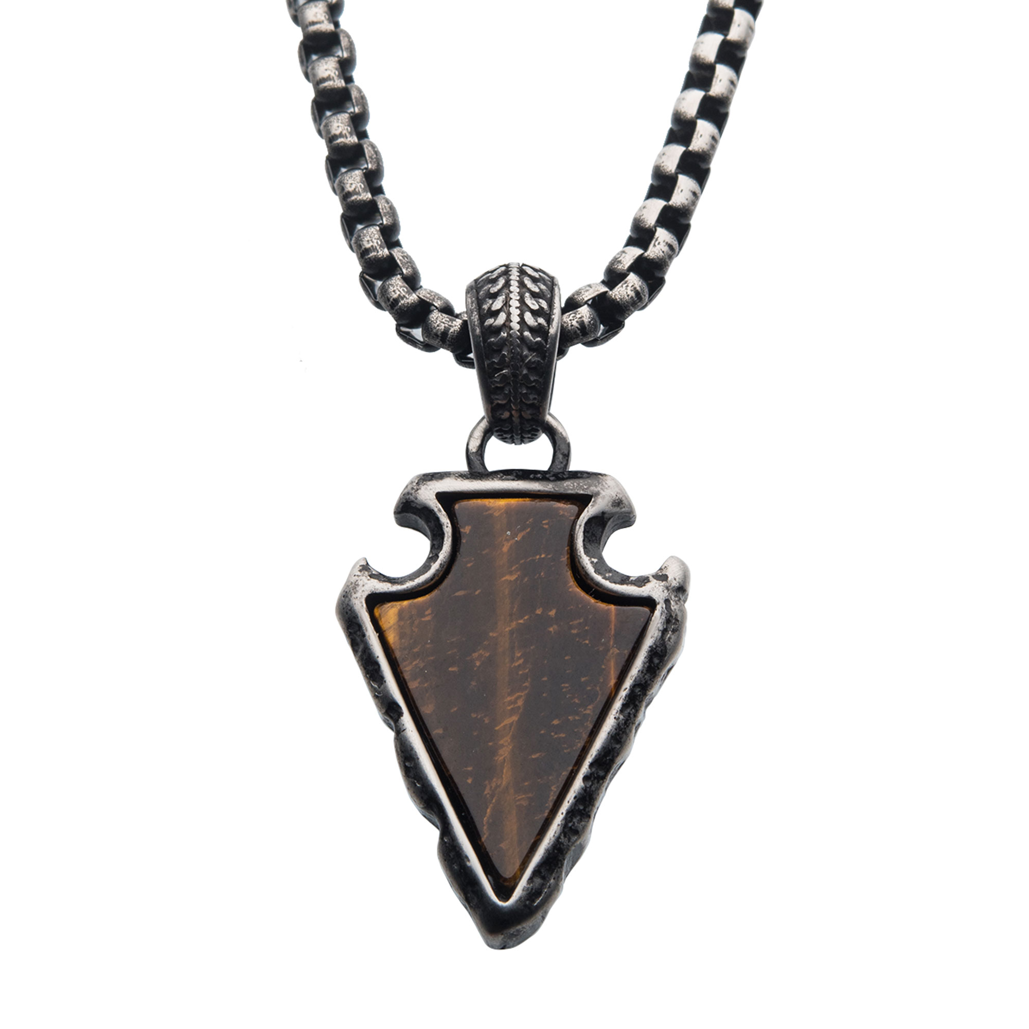 Tiger Eye Stone with Gun Metal Plated Frame Pendant on a Black Plated Bail with Black Plated Box Chain Mueller Jewelers Chisago City, MN