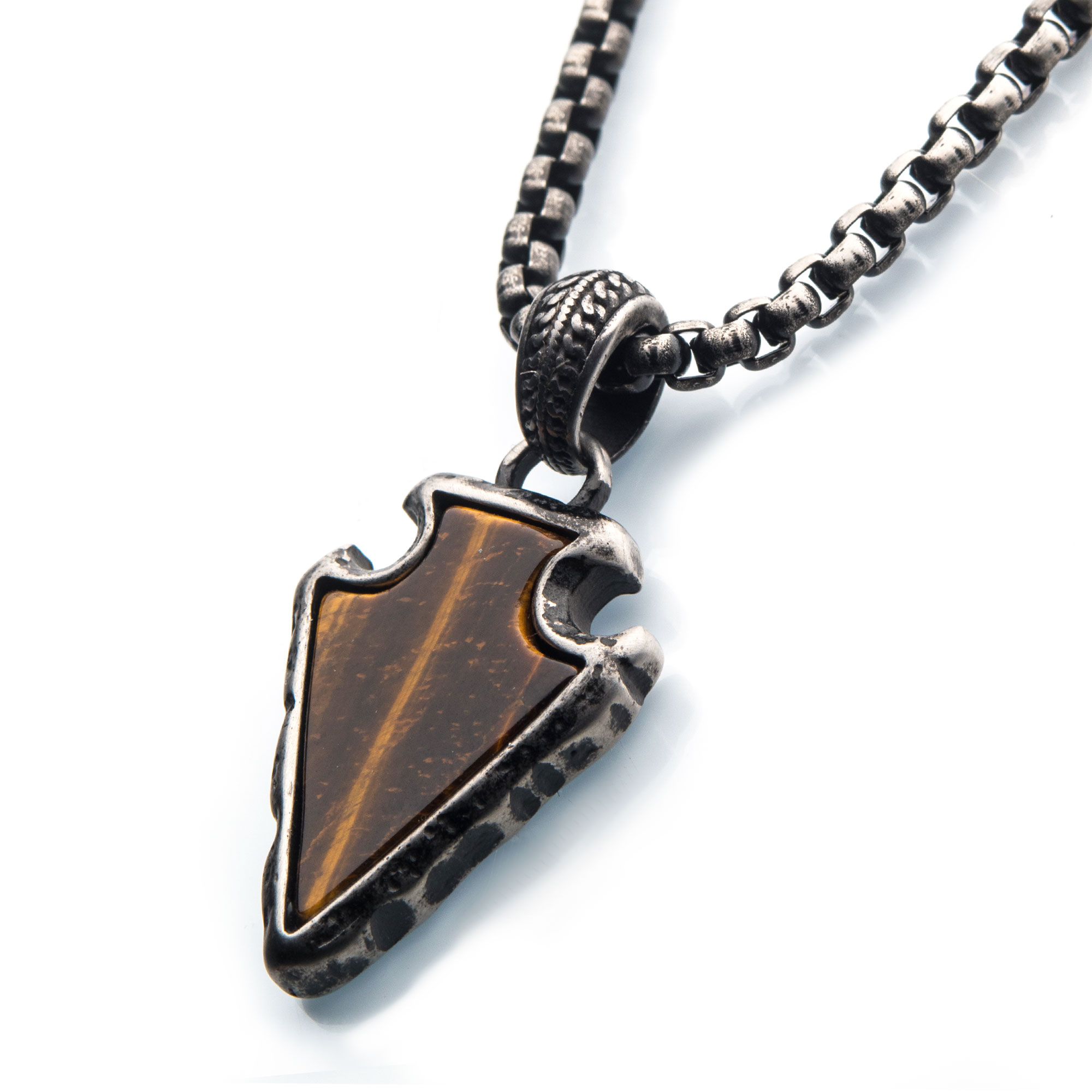 Tiger Eye Stone with Gun Metal Plated Frame Pendant on a Black Plated Bail with Black Plated Box Chain Image 2 Thurber's Fine Jewelry Wadsworth, OH