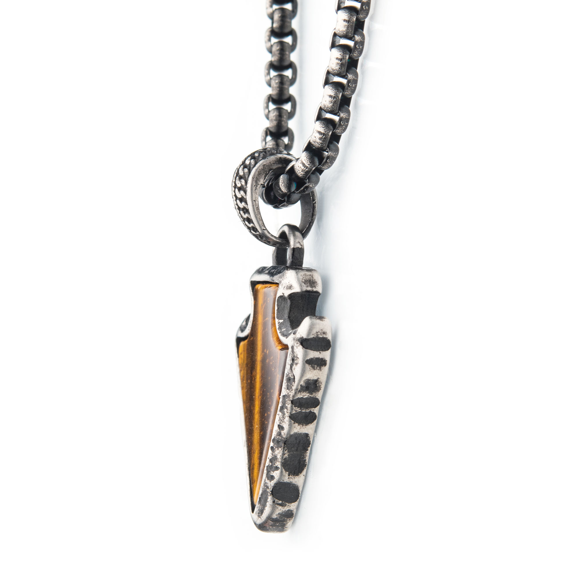 Tiger Eye Stone with Gun Metal Plated Frame Pendant on a Black Plated Bail with Black Plated Box Chain Image 3 Milano Jewelers Pembroke Pines, FL