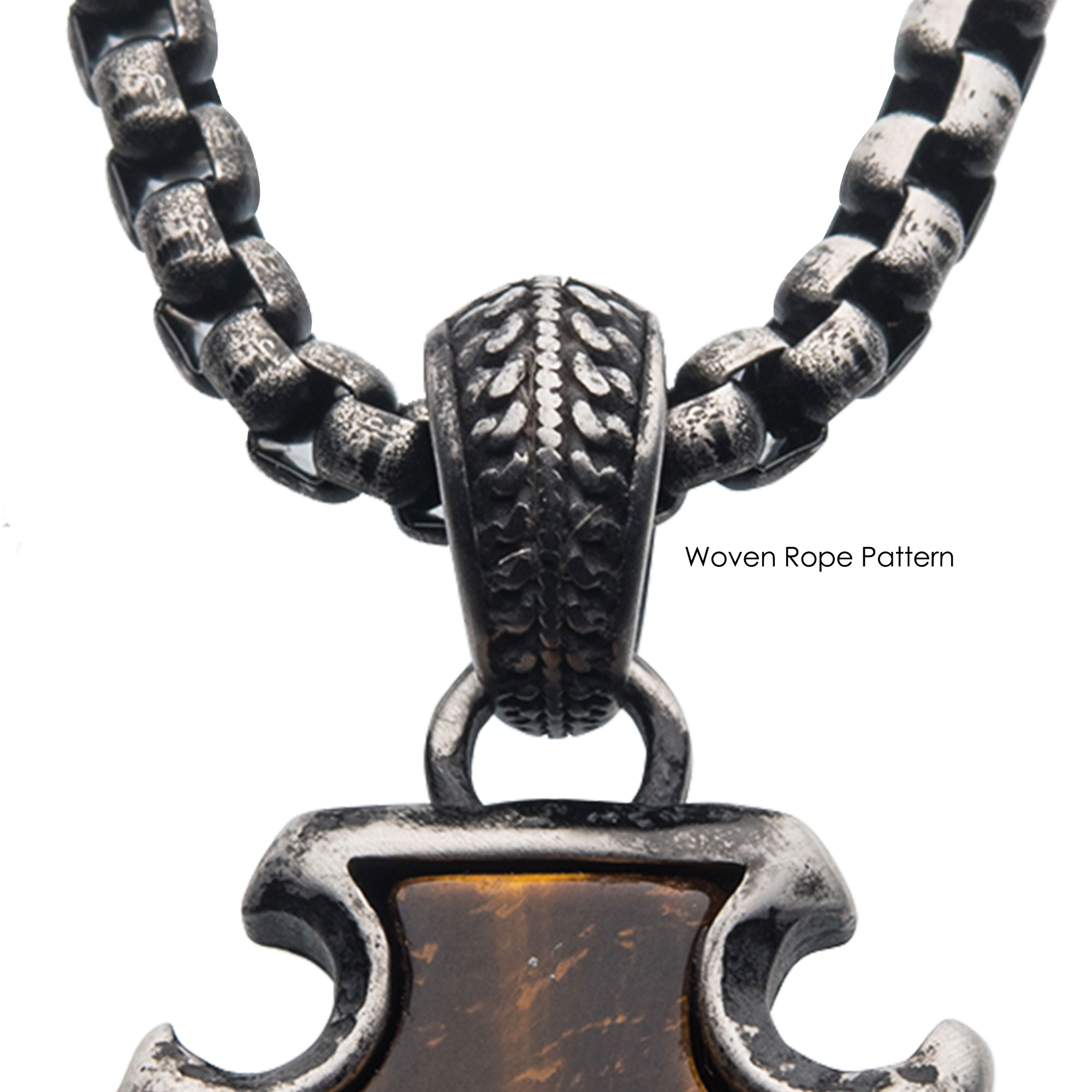 Tiger Eye Stone with Gun Metal Plated Frame Pendant on a Black Plated Bail with Black Plated Box Chain Image 4 Ken Walker Jewelers Gig Harbor, WA