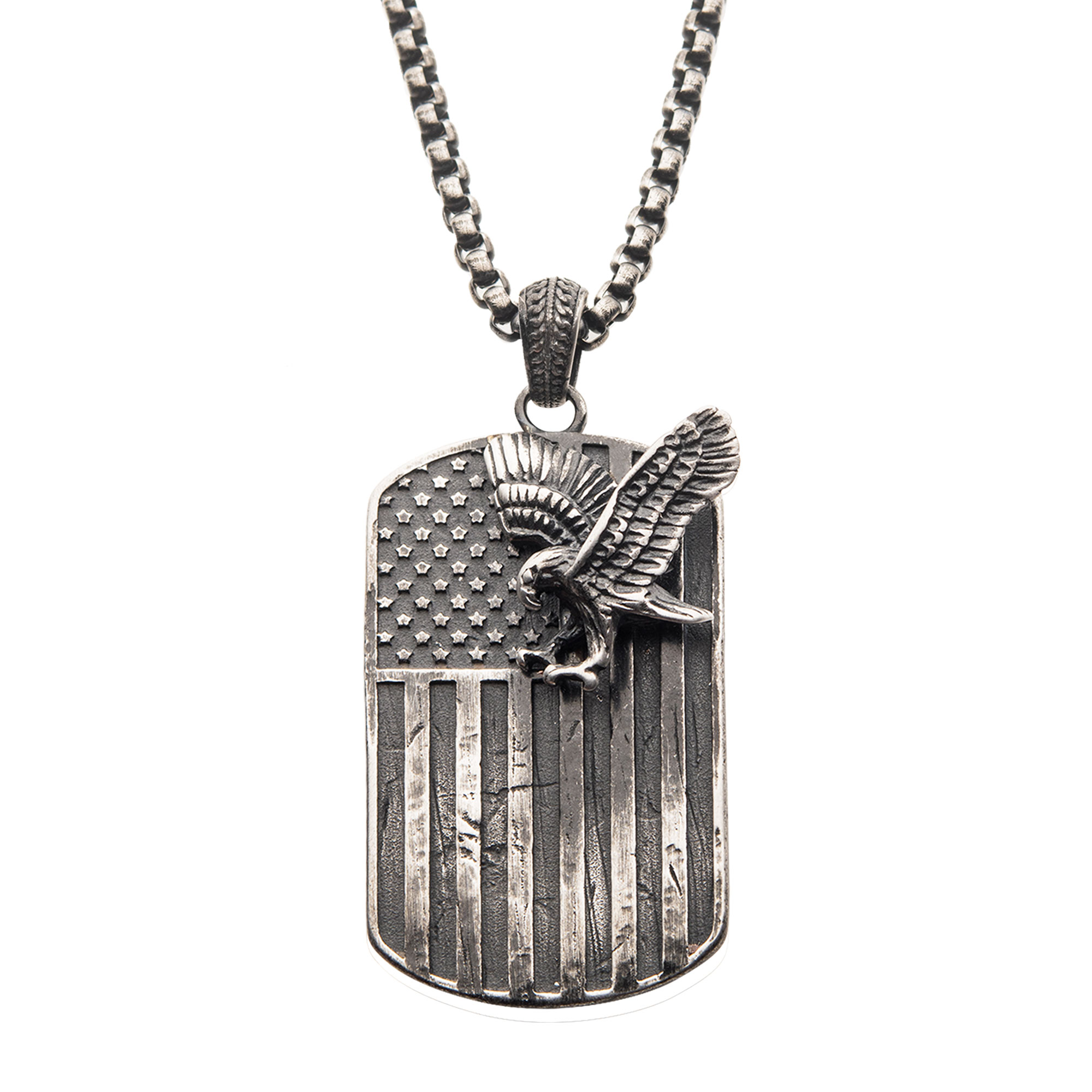 Gun Metal Plated Rugged American Flag with Polished Steel 3D Eagle Pendant with Box Chain Enchanted Jewelry Plainfield, CT