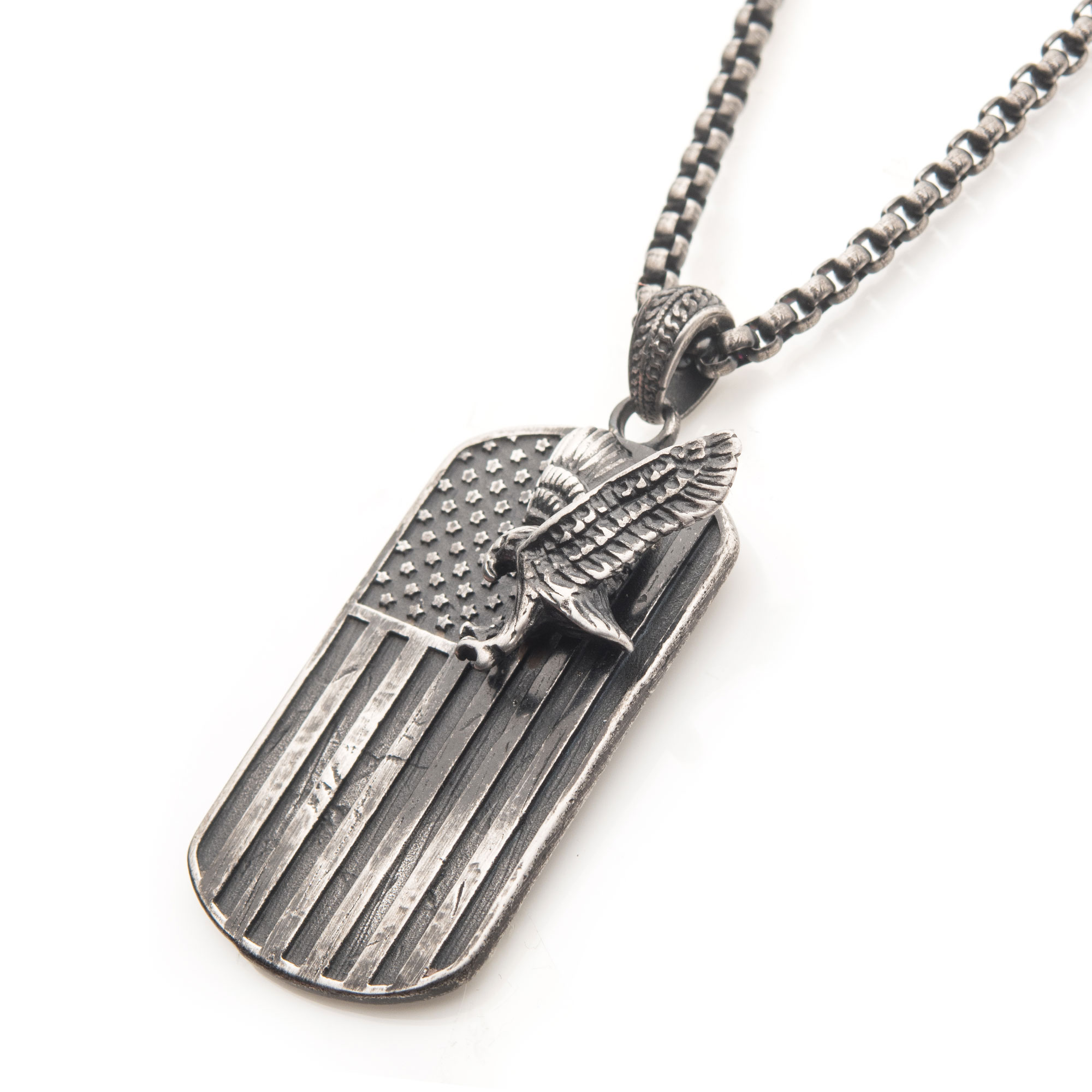 Gun Metal Plated Rugged American Flag with Polished Steel 3D Eagle Pendant with Box Chain Image 2 Ken Walker Jewelers Gig Harbor, WA