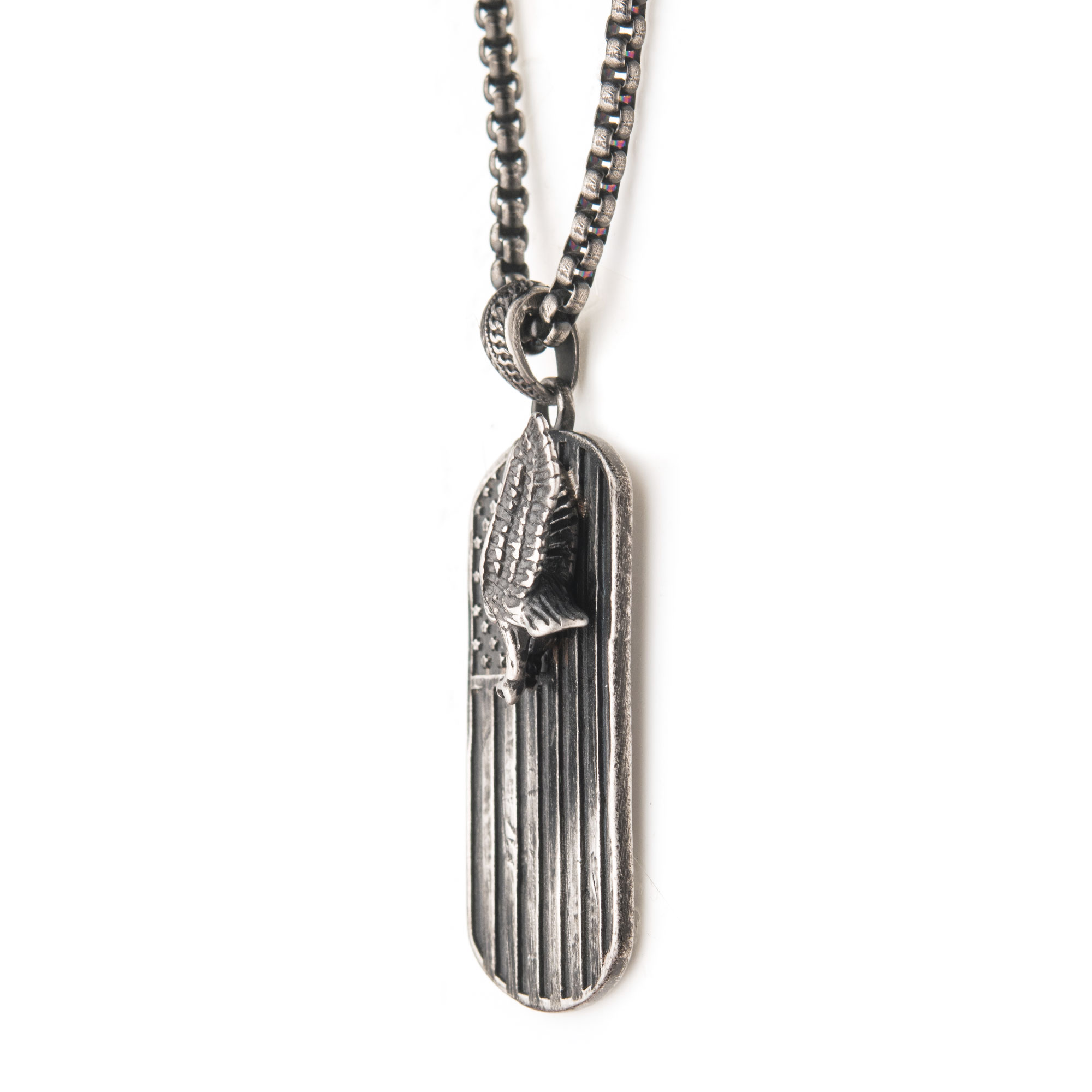 Gun Metal Plated Rugged American Flag with Polished Steel 3D Eagle Pendant with Box Chain Image 3 Enchanted Jewelry Plainfield, CT